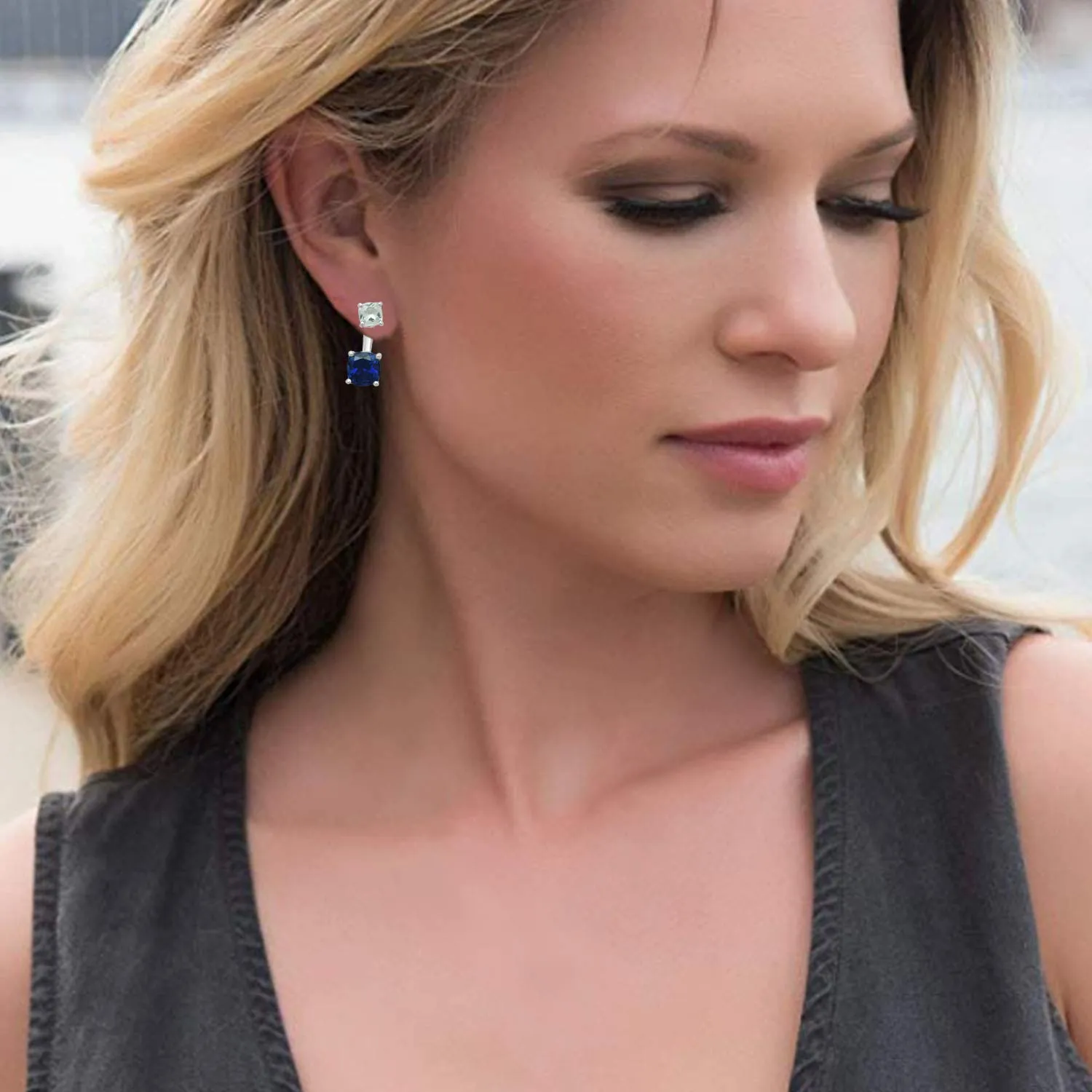 Jewelili Sterling Silver With Cushion Created Blue Sapphire and Created White Sapphire Drop Fashion Earrings