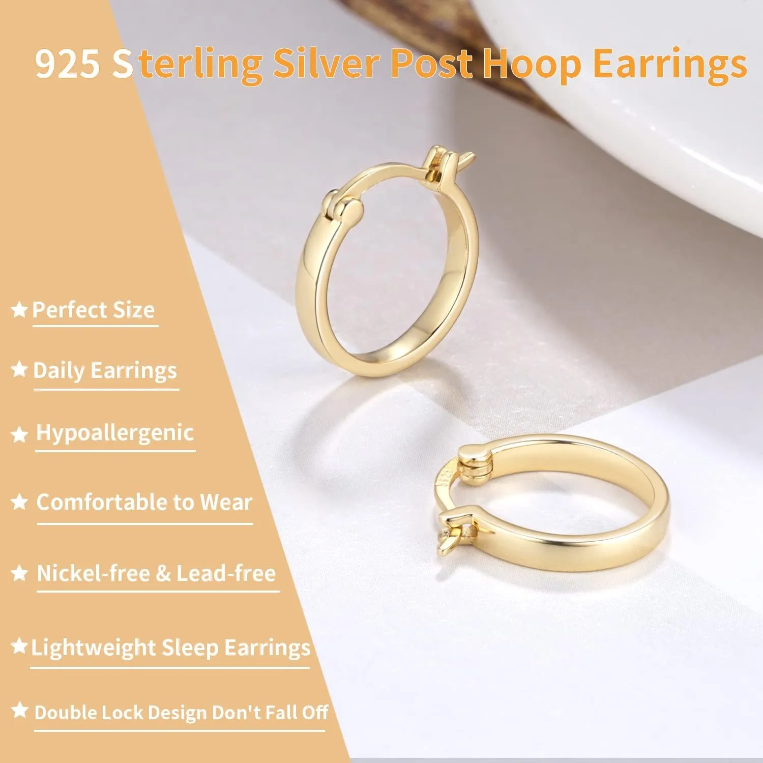 Jewlpire 14K Gold Hoop Earrings with 925 Sterling Silver Post Hypoallergenic Lightweight Small Hoop Earrings for Women 15mm 20mm Huggie Earrings
