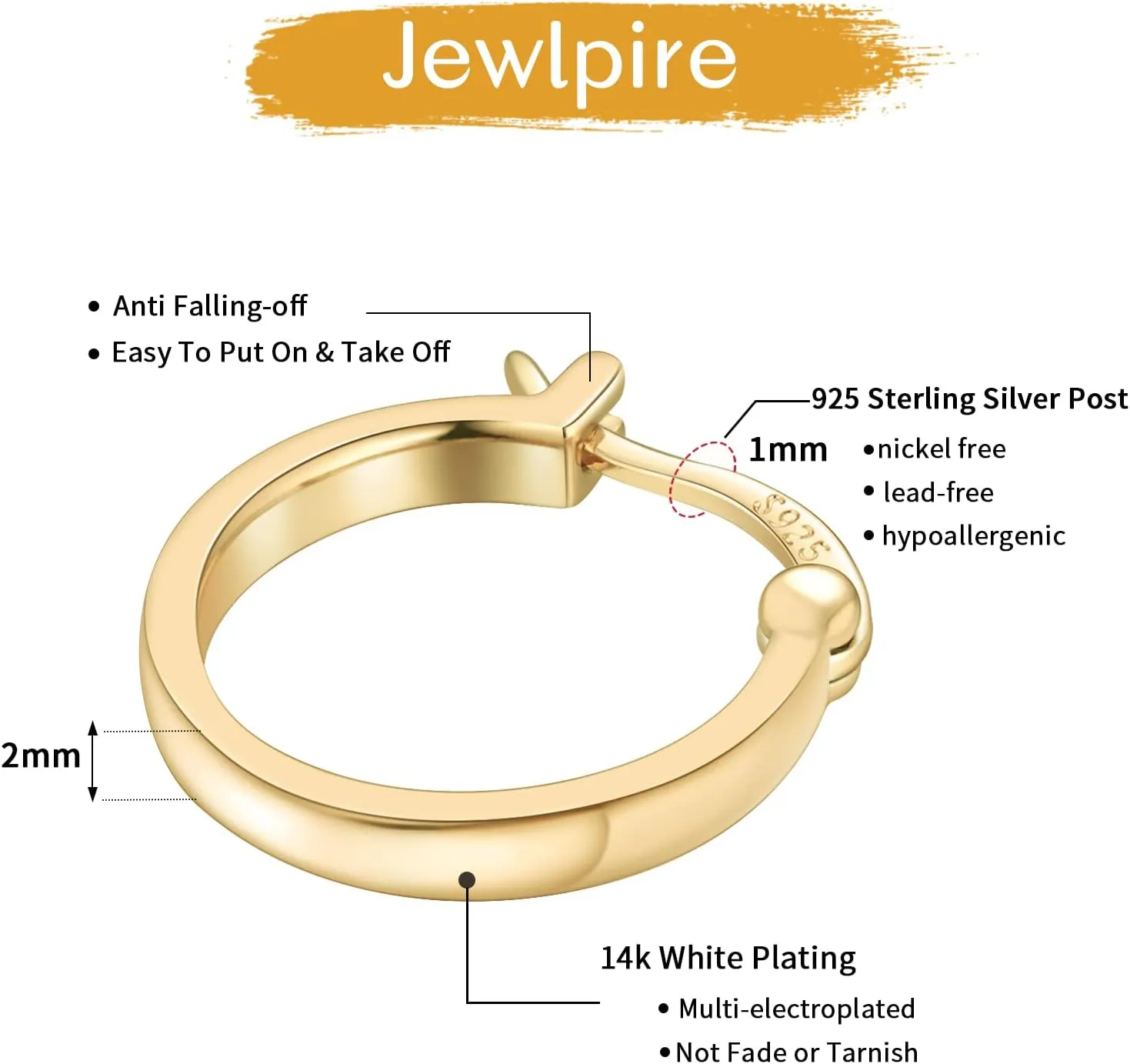Jewlpire 14K Gold Hoop Earrings with 925 Sterling Silver Post Hypoallergenic Lightweight Small Hoop Earrings for Women 15mm 20mm Huggie Earrings