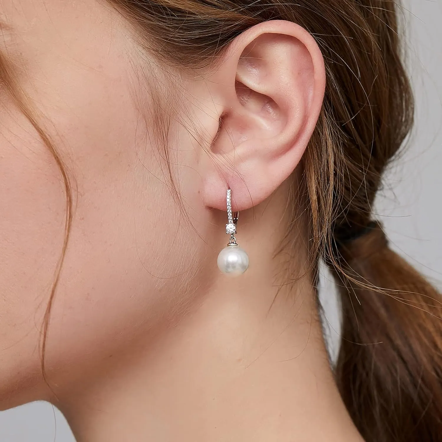Jiamiao Sterling Silver Pearl Drop Earrings - 10mm Black/Pearl and Diamond Dangle Leverback Earrings for Women