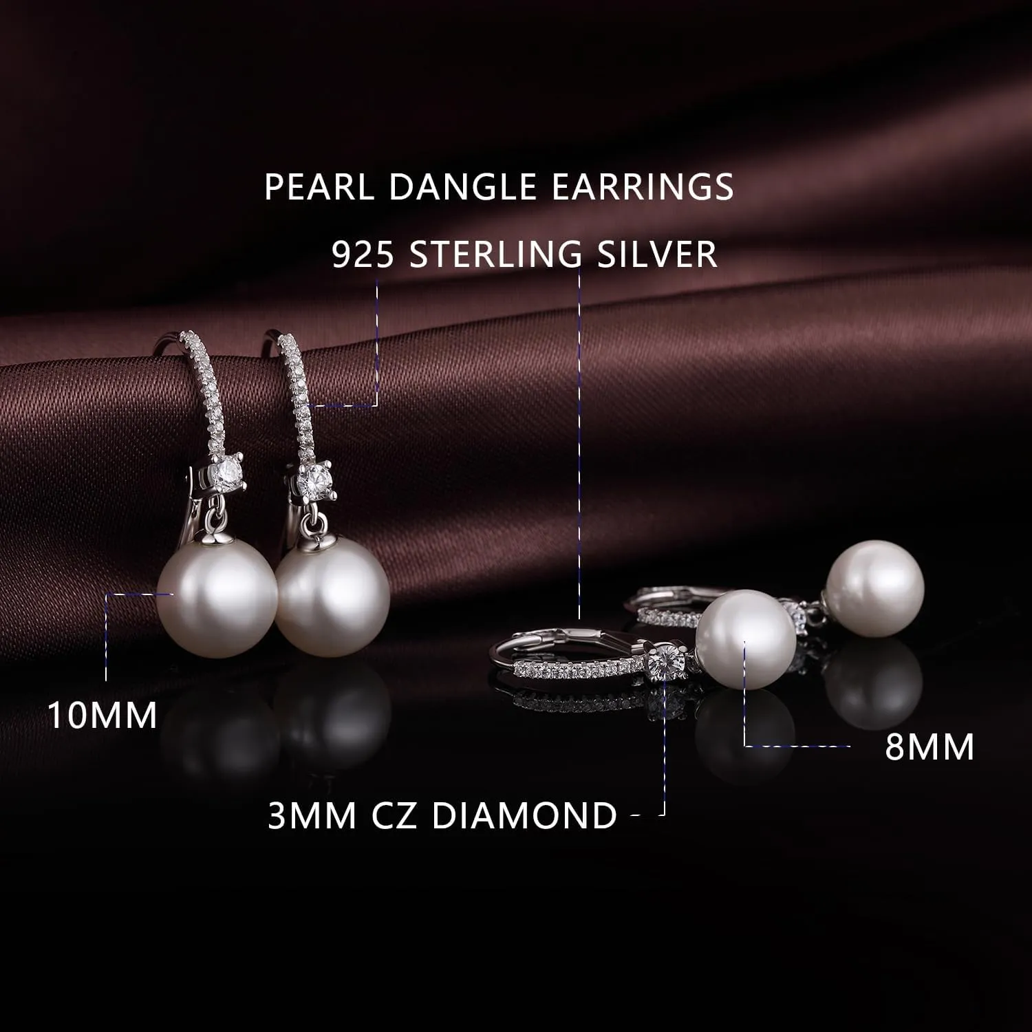 Jiamiao Sterling Silver Pearl Drop Earrings - 10mm Black/Pearl and Diamond Dangle Leverback Earrings for Women
