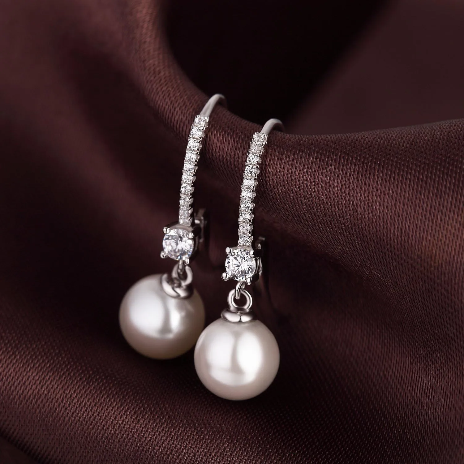 Jiamiao Sterling Silver Pearl Drop Earrings - 10mm Black/Pearl and Diamond Dangle Leverback Earrings for Women