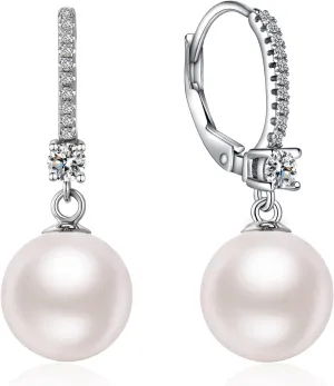 Jiamiao Sterling Silver Pearl Drop Earrings - 10mm Black/Pearl and Diamond Dangle Leverback Earrings for Women