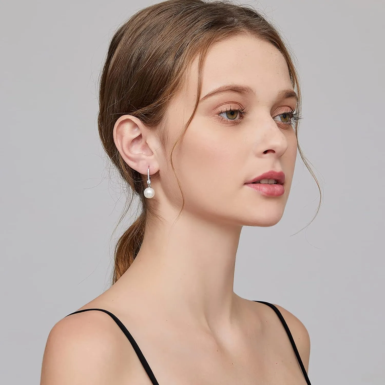 Jiamiao Sterling Silver Pearl Drop Earrings - 10mm Black/Pearl and Diamond Dangle Leverback Earrings for Women