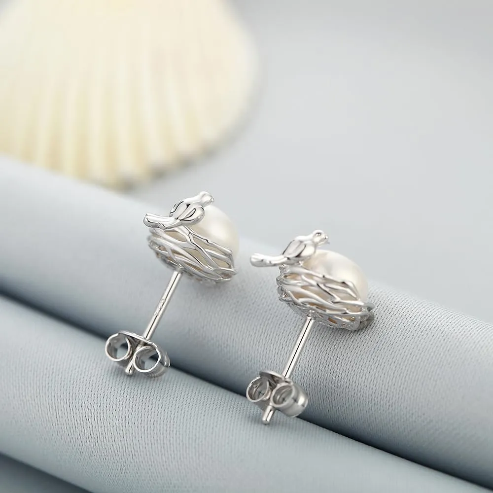 Jiamiaoi Cat Pearl Earrings Sterling Silver Fresh Water Pearl Earrings 7.5MM-8MM, Cute Cat Earrings Silver Cat Jewelry for Women,Lovely Animal Jewelry, Come with Gift Box