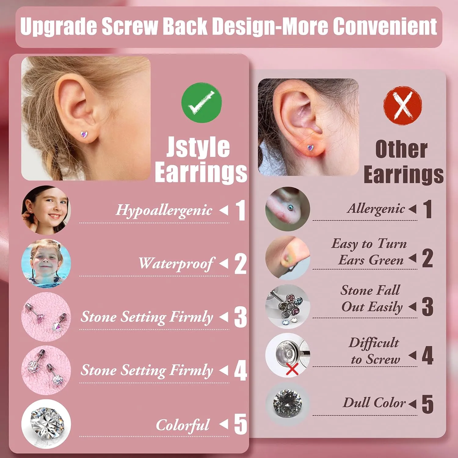 Jstyle 16 Pairs Hypoallergenic Earrings For Girls Women Surgical Steel Screwback Earrings for Sensitive Ears Cute Todder Earrings Kid Earrings Flat Back Stud Earrings