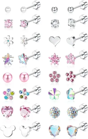 Jstyle 16 Pairs Hypoallergenic Earrings For Girls Women Surgical Steel Screwback Earrings for Sensitive Ears Cute Todder Earrings Kid Earrings Flat Back Stud Earrings
