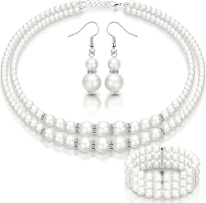 Junkin Fake Pearls Necklace Earrings Bracelet Set for Women 1920s Simulated Faux Pearls Accessories Vintage Jewelry for Valentine's Day Wedding Costume