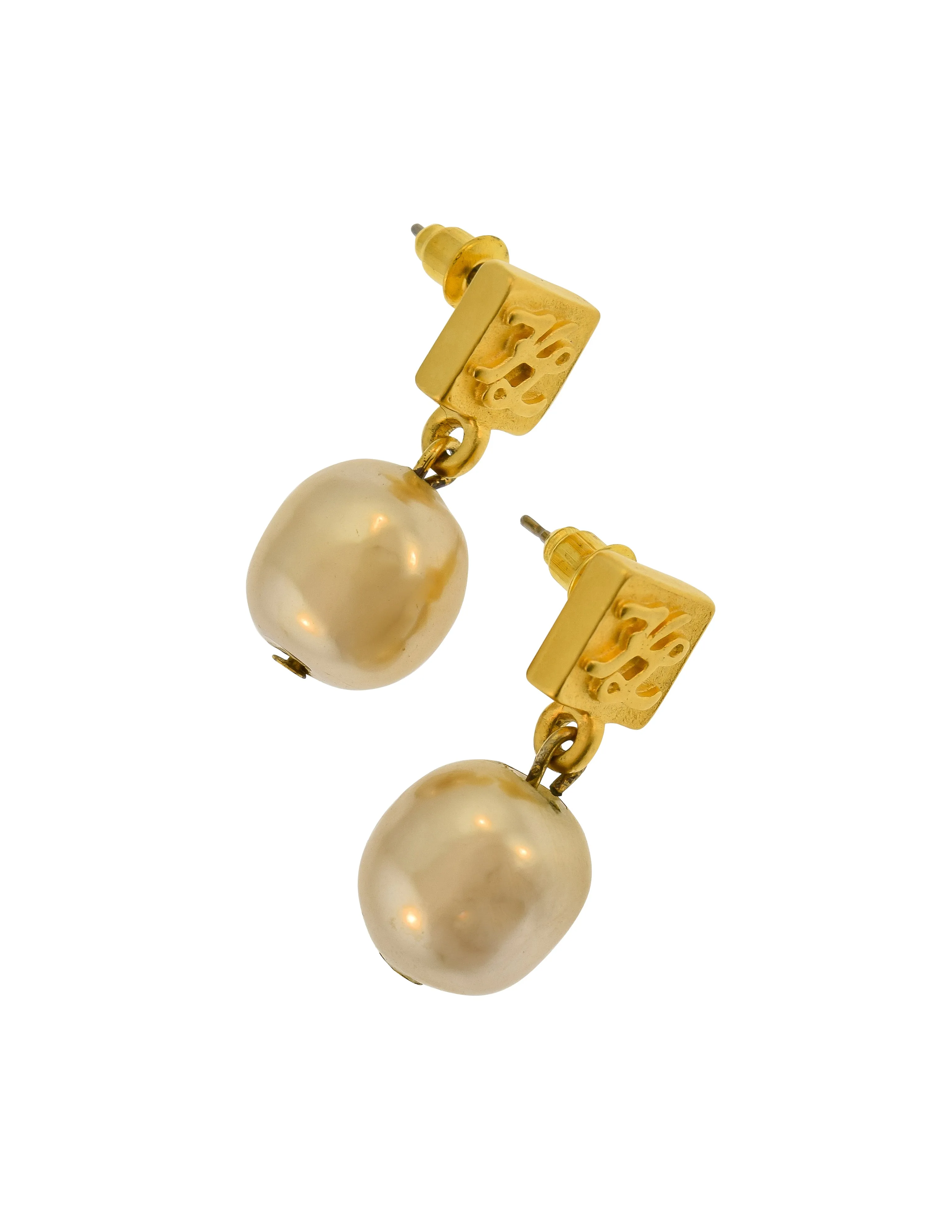 Karl Lagerfeld Vintage Dainty Brushed Gold Logo Baroque Pearl Dangle Earrings