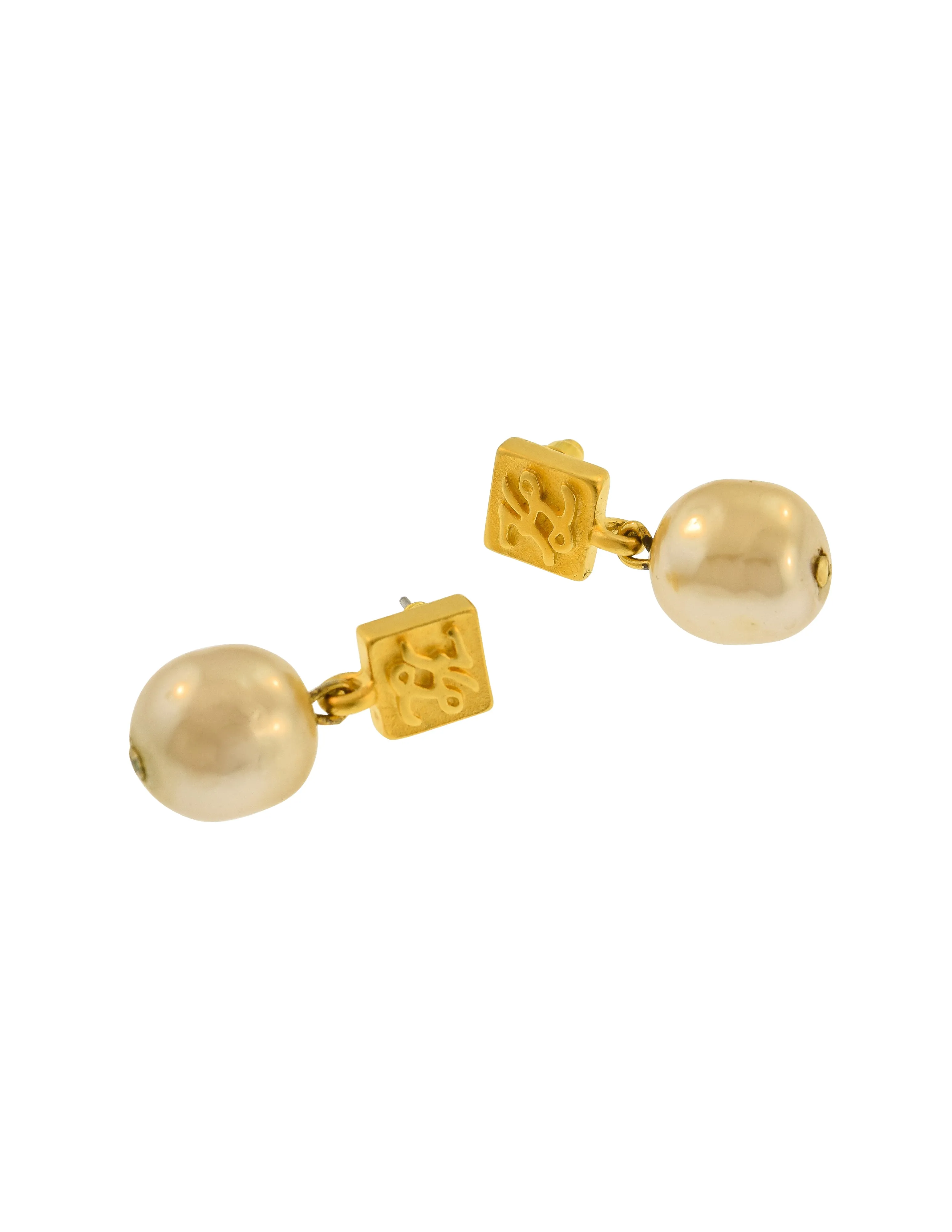 Karl Lagerfeld Vintage Dainty Brushed Gold Logo Baroque Pearl Dangle Earrings