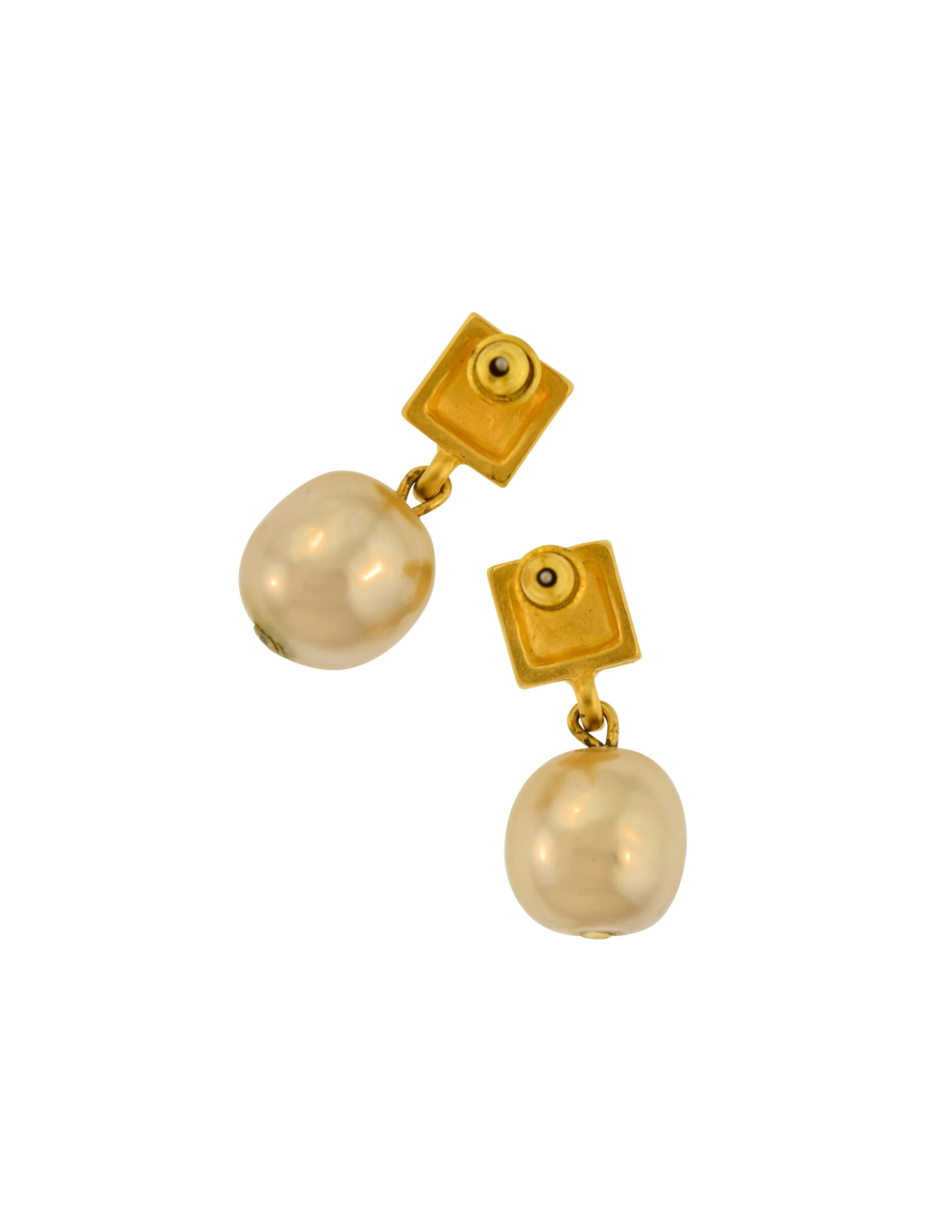Karl Lagerfeld Vintage Dainty Brushed Gold Logo Baroque Pearl Dangle Earrings