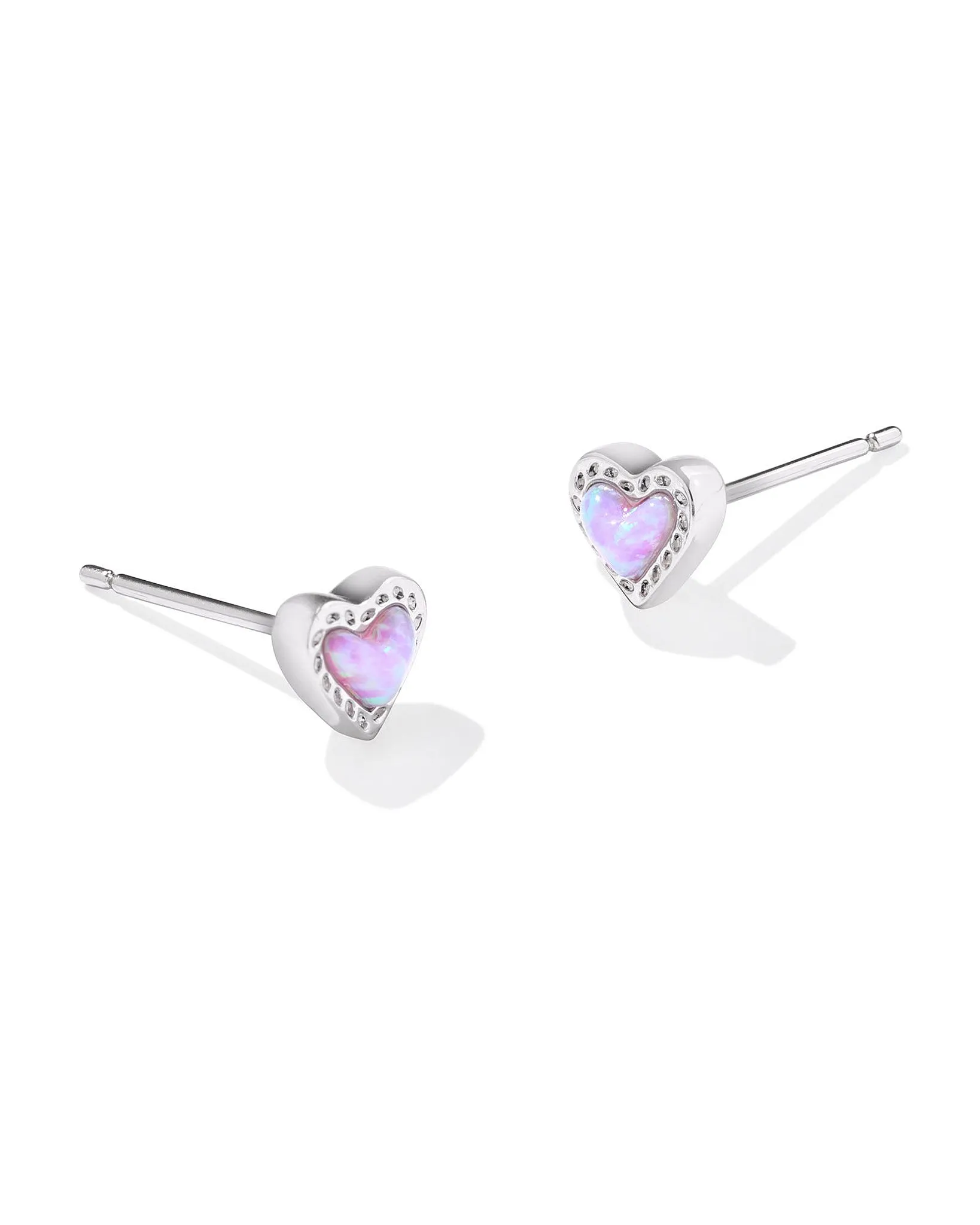 Kendra Scott Mini Ari Heart Stud Earrings in Bubblegum Kyocera Opal and Rhodium Plated