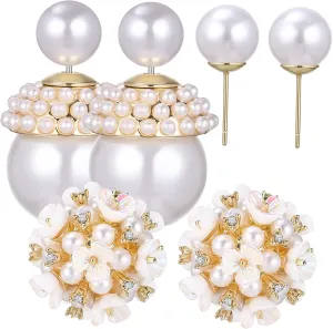 KESYOO 2Pairs Double Sided Flower Pearl Earrings Elegant Ball Pearl Studs for Women for Everyday Wear and Special Occasions