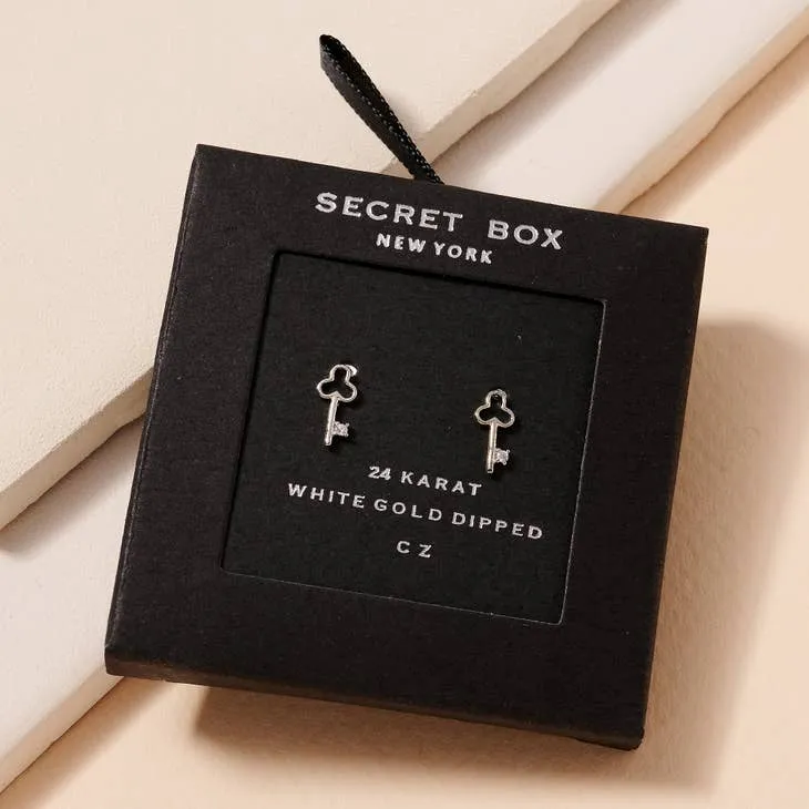 Key CZ Secret Box Gold Dip Stud Earrings