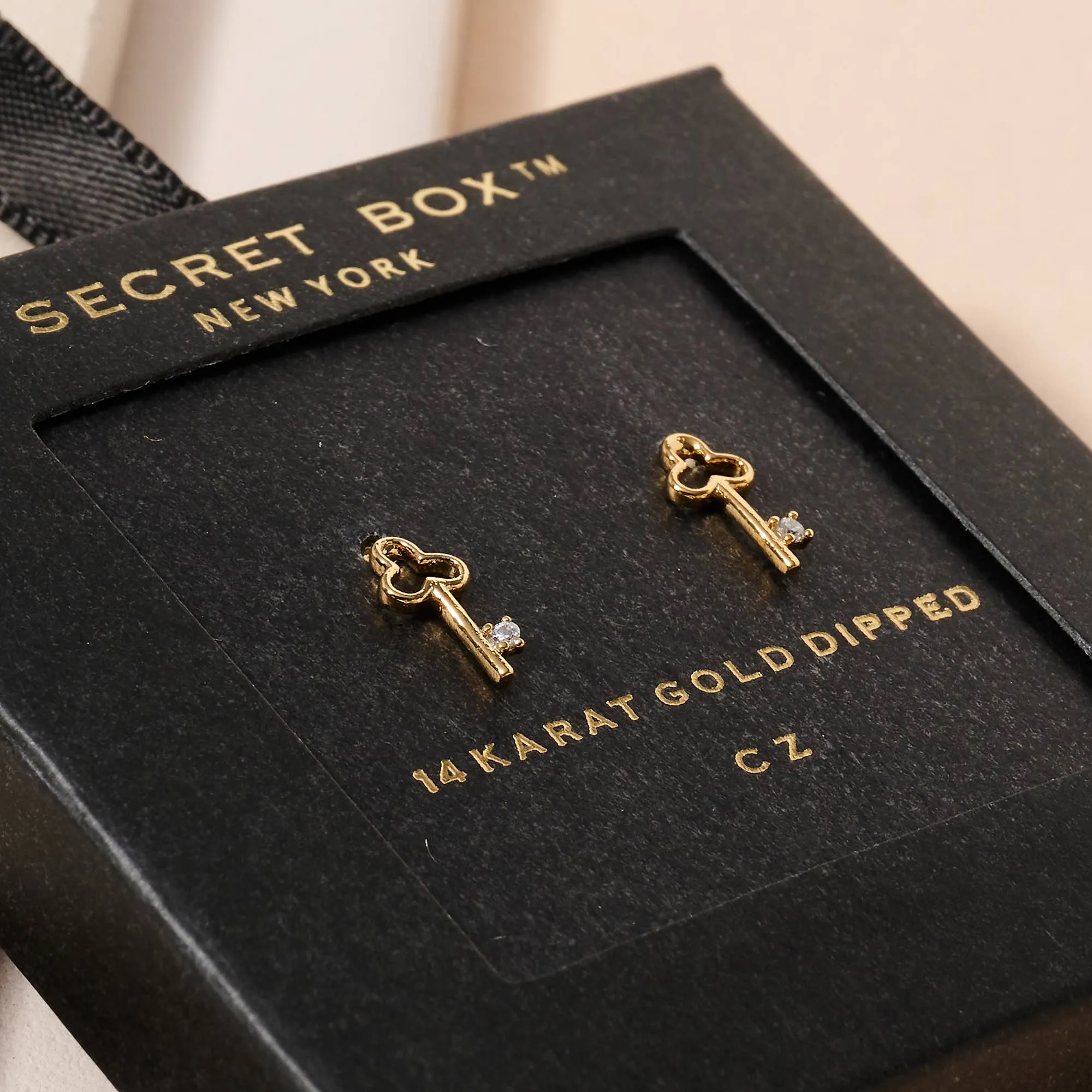 Key CZ Secret Box Gold Dip Stud Earrings