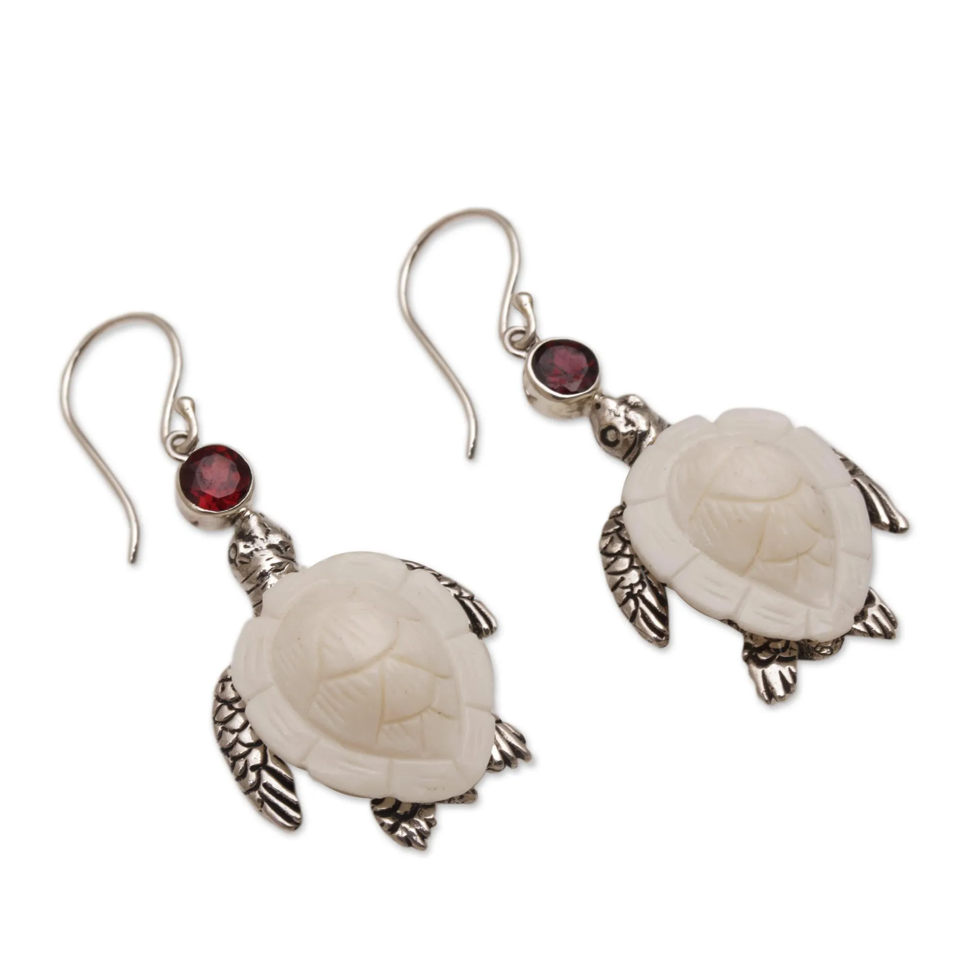 Kurma Turtles Garnet Silver & Bone Dangle Earrings