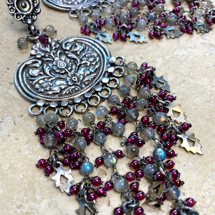 Labradorite & Garnet Beaded Earrings - Bukhara