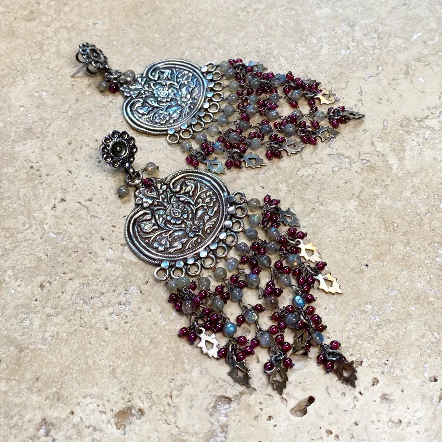 Labradorite & Garnet Beaded Earrings - Bukhara