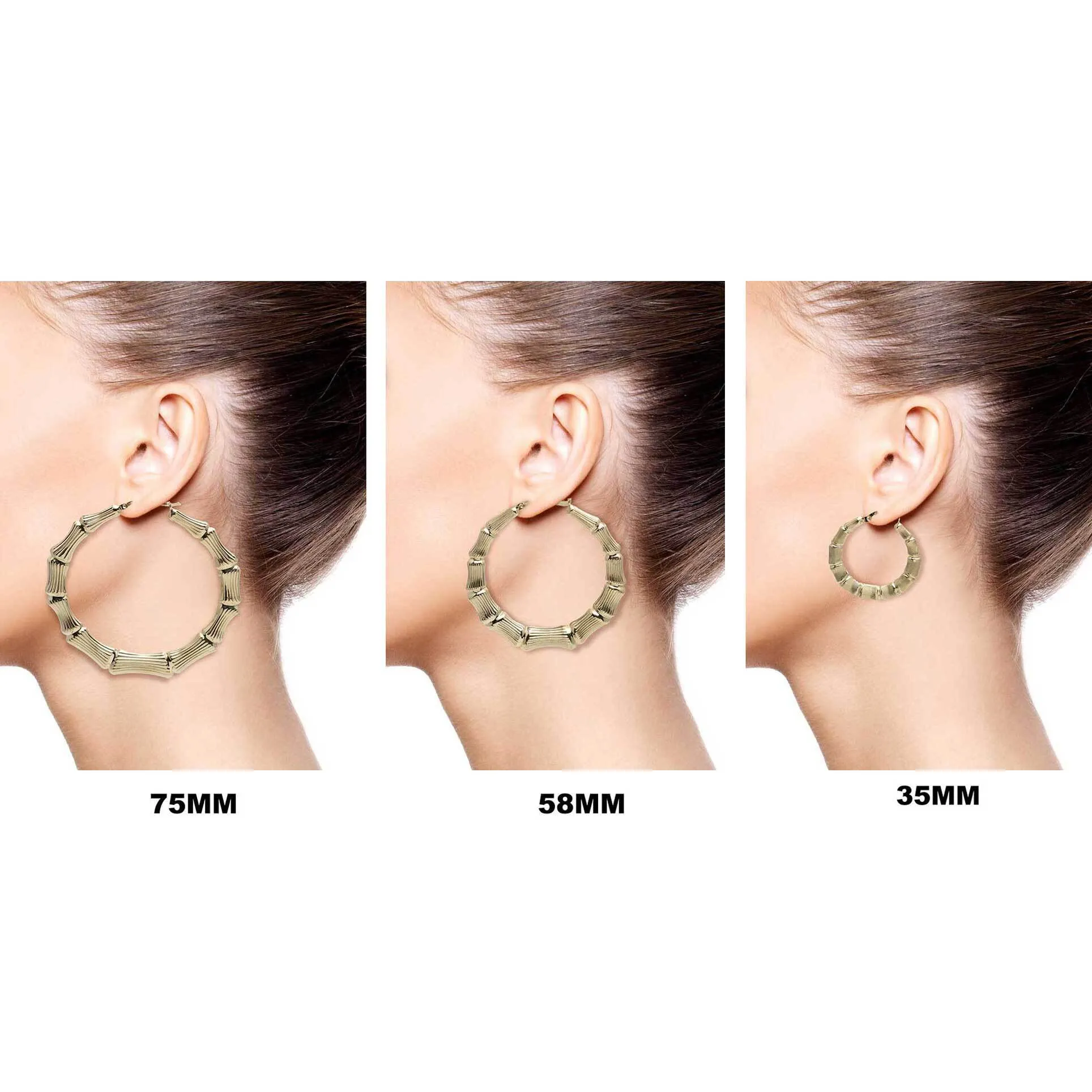 Ladies Diamond Script Name Plate Bamboo Hoop Earrings 14K Gold - Style 45