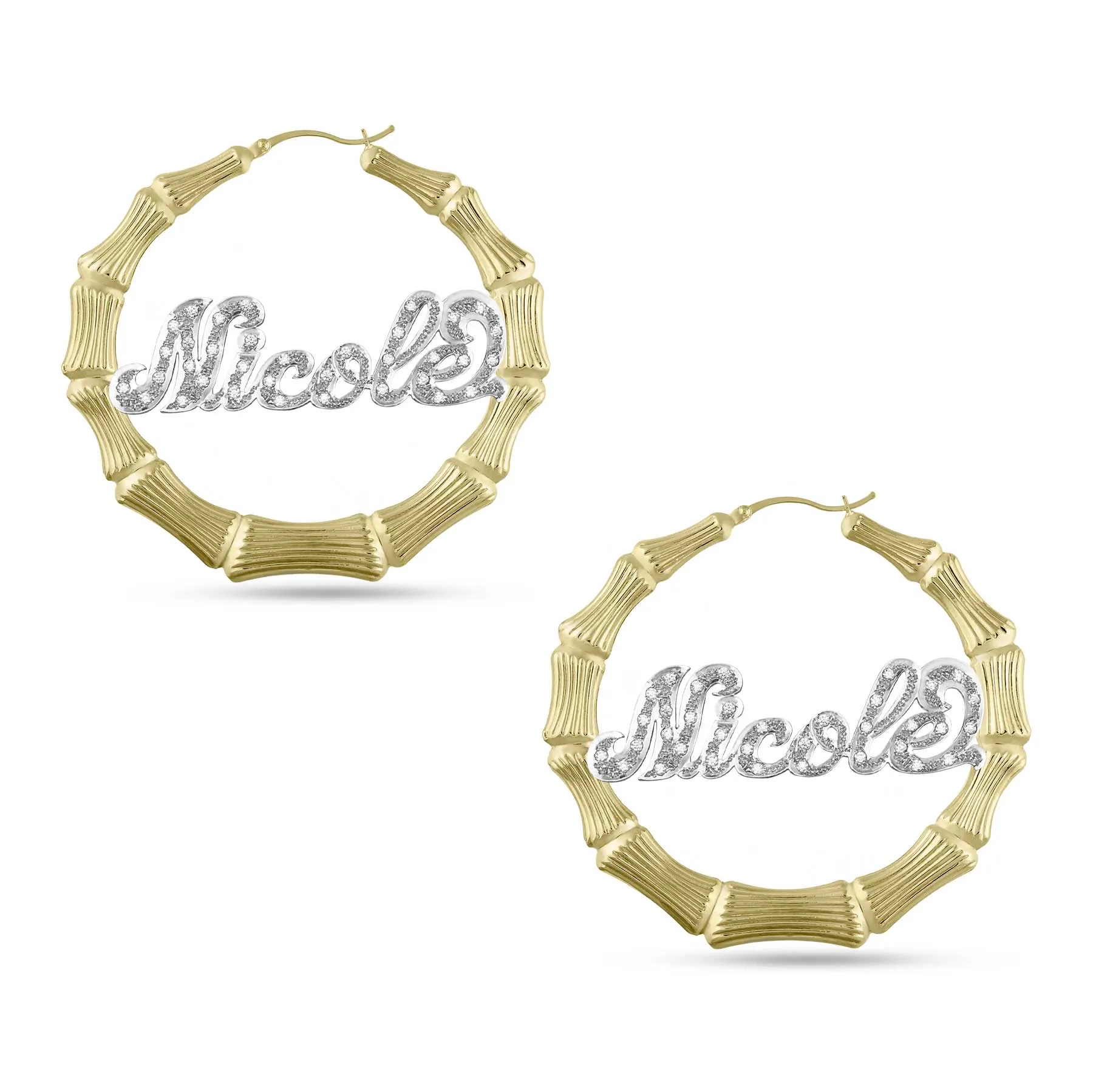 Ladies Diamond Script Name Plate Bamboo Hoop Earrings 14K Gold - Style 45