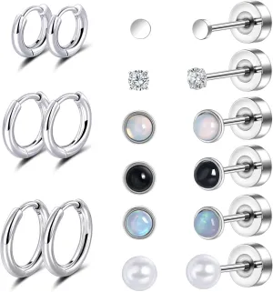 Lantine 20G Flat Back Stud Earrings Hoop Set for Women Surgical Stainless Steel Earrings Small Ball Pearl Cz Opal Cartilage Earrings Hoop Stud for Helix Piercing First Second Third Hole