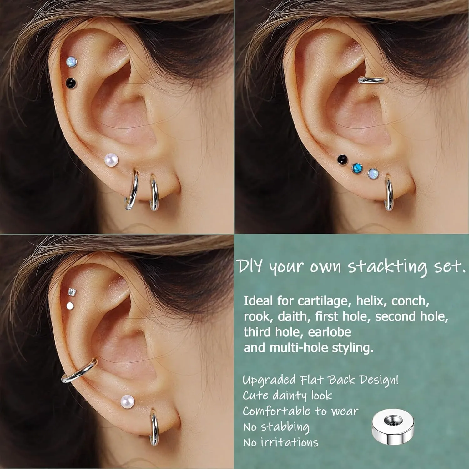 Lantine 20G Flat Back Stud Earrings Hoop Set for Women Surgical Stainless Steel Earrings Small Ball Pearl Cz Opal Cartilage Earrings Hoop Stud for Helix Piercing First Second Third Hole