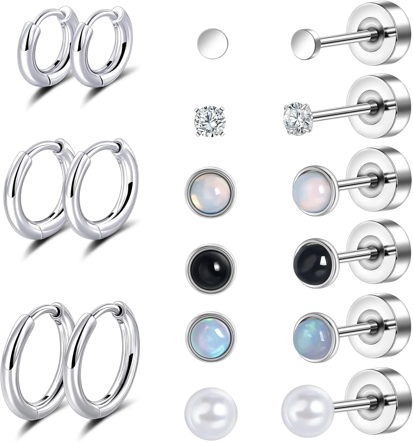 Lantine 20G Flat Back Stud Earrings Hoop Set for Women Surgical Stainless Steel Earrings Small Ball Pearl Cz Opal Cartilage Earrings Hoop Stud for Helix Piercing First Second Third Hole