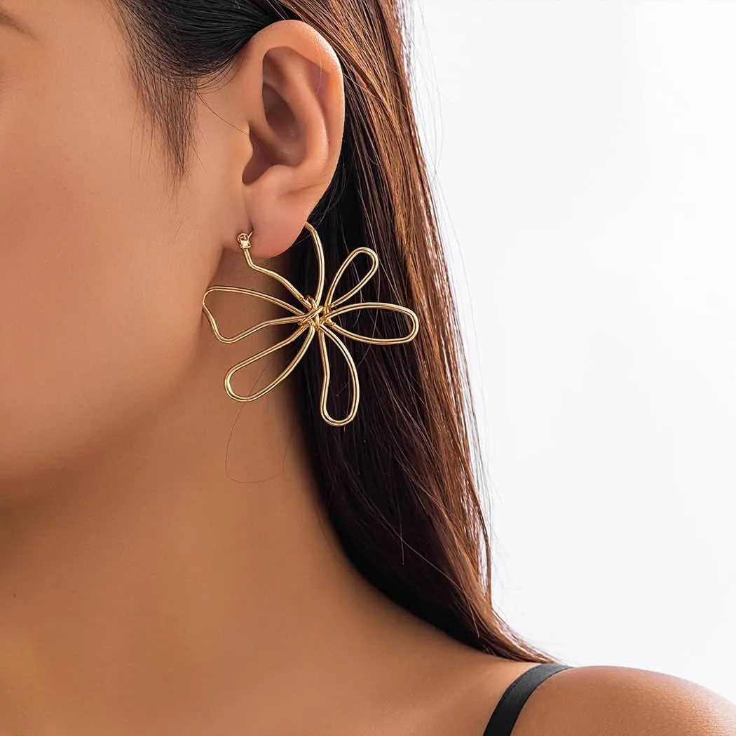 Large Linear Flower Hoop Earrings for Women Geometric Irregular Wire Frame Floral Huggie Earrings Minimalist Flower Metal Earrings Charm Jewelry Gifts