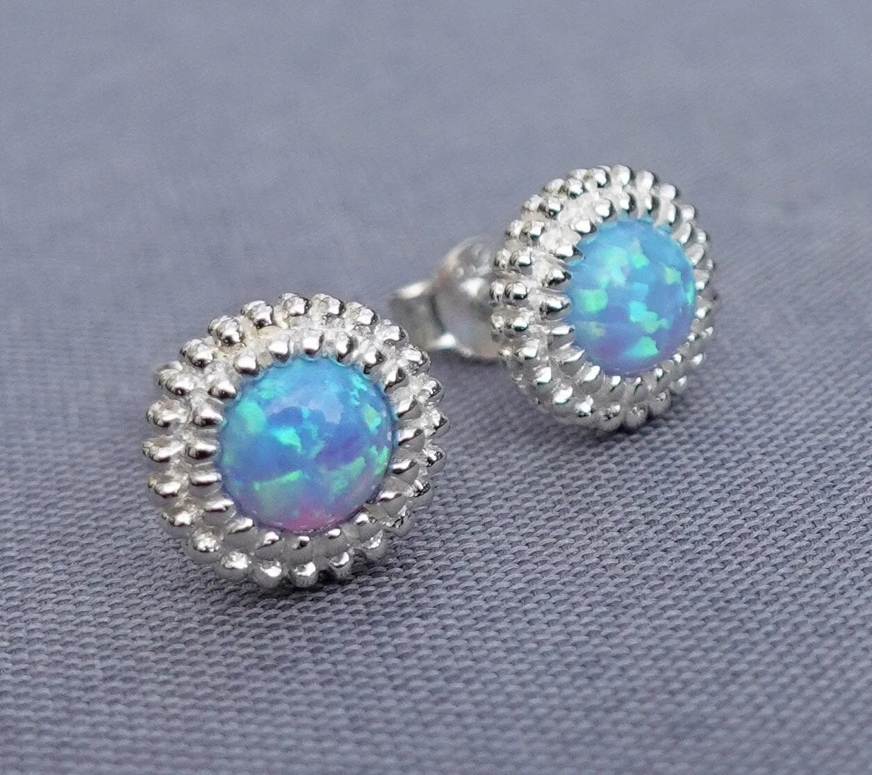 Large Round Blue Opal Studs Earrings, 925 Sterling Silver, S773BOP