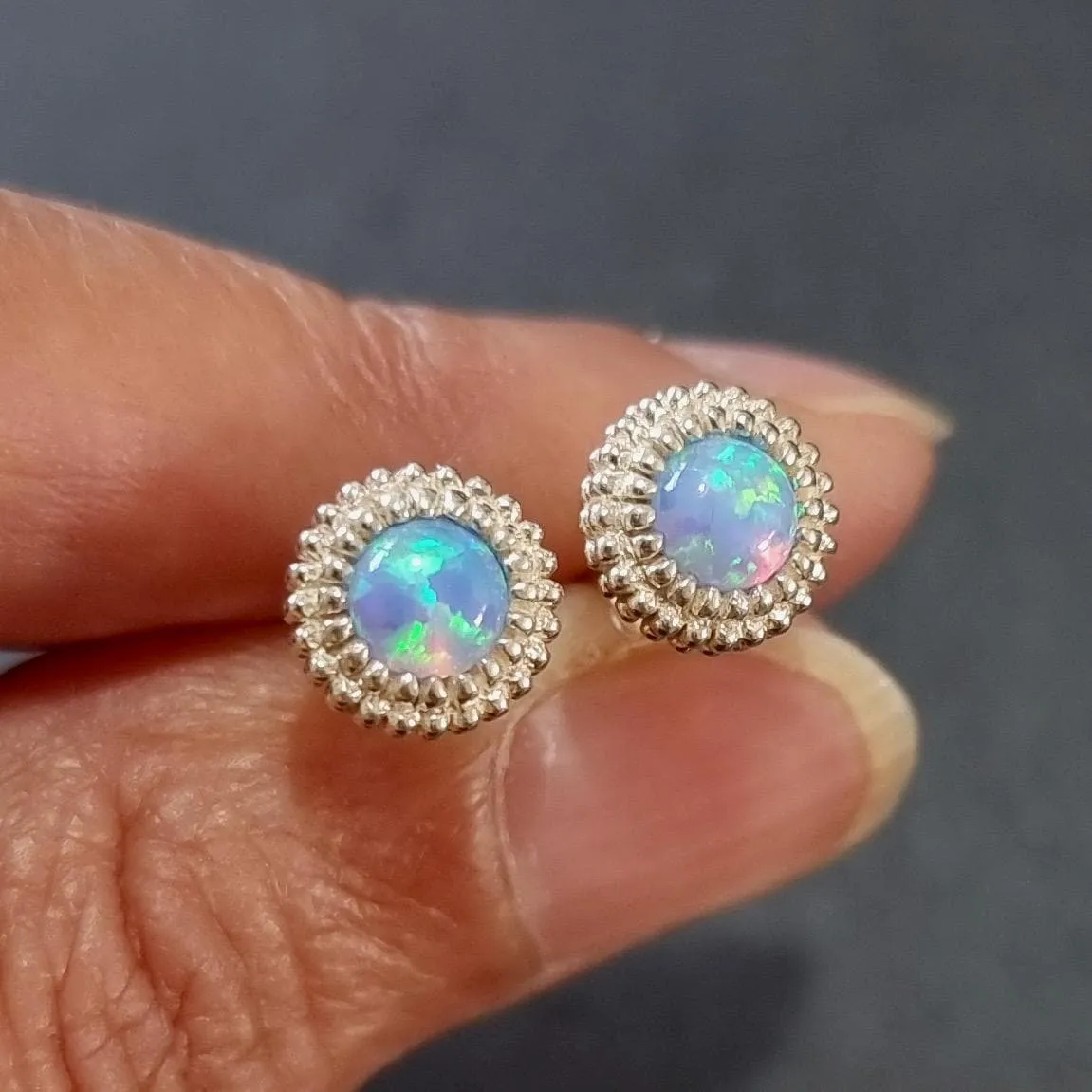 Large Round Blue Opal Studs Earrings, 925 Sterling Silver, S773BOP