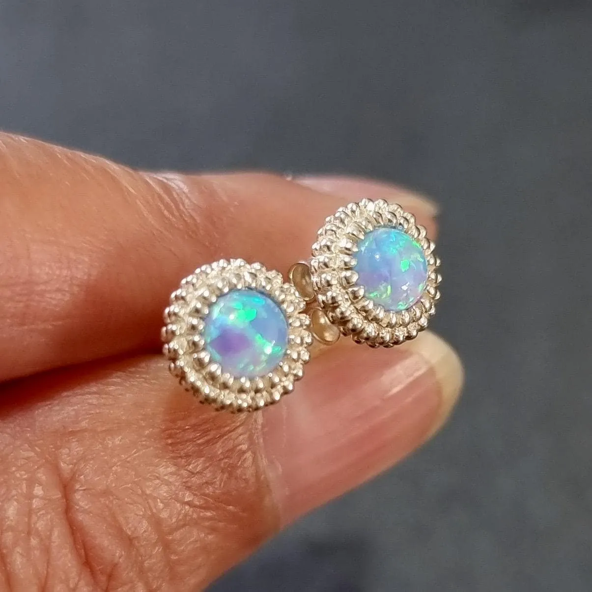 Large Round Blue Opal Studs Earrings, 925 Sterling Silver, S773BOP