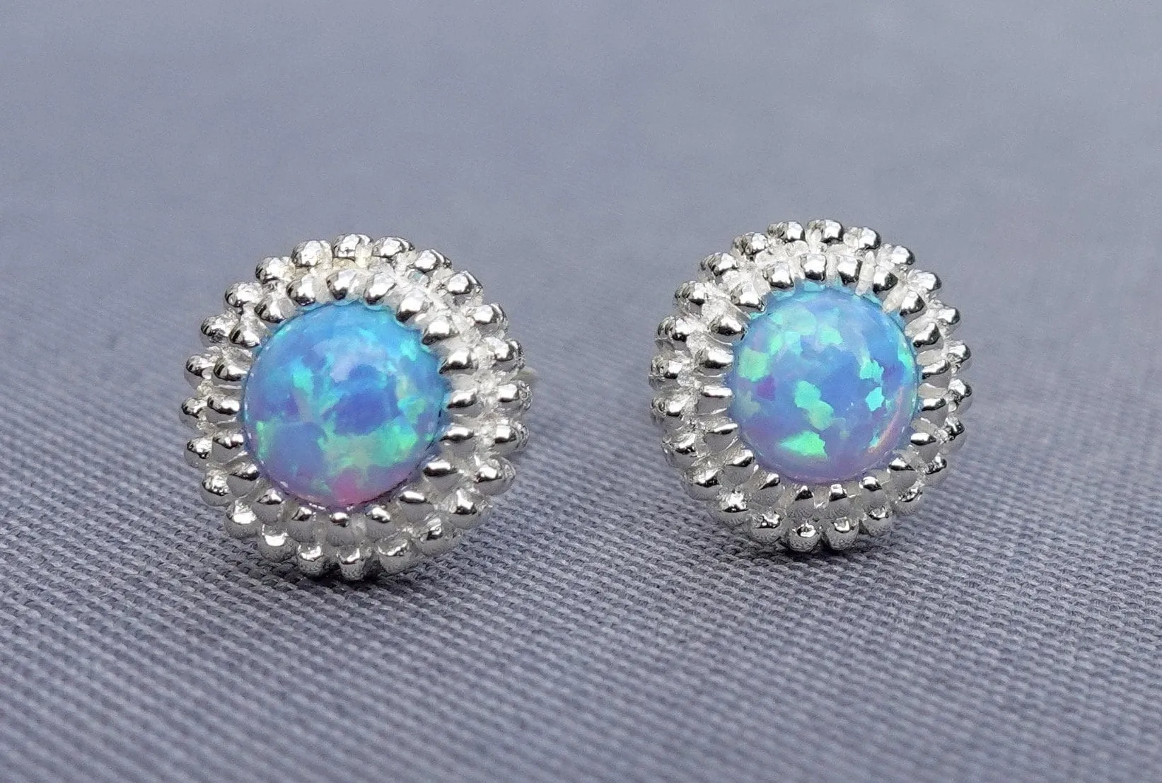 Large Round Blue Opal Studs Earrings, 925 Sterling Silver, S773BOP