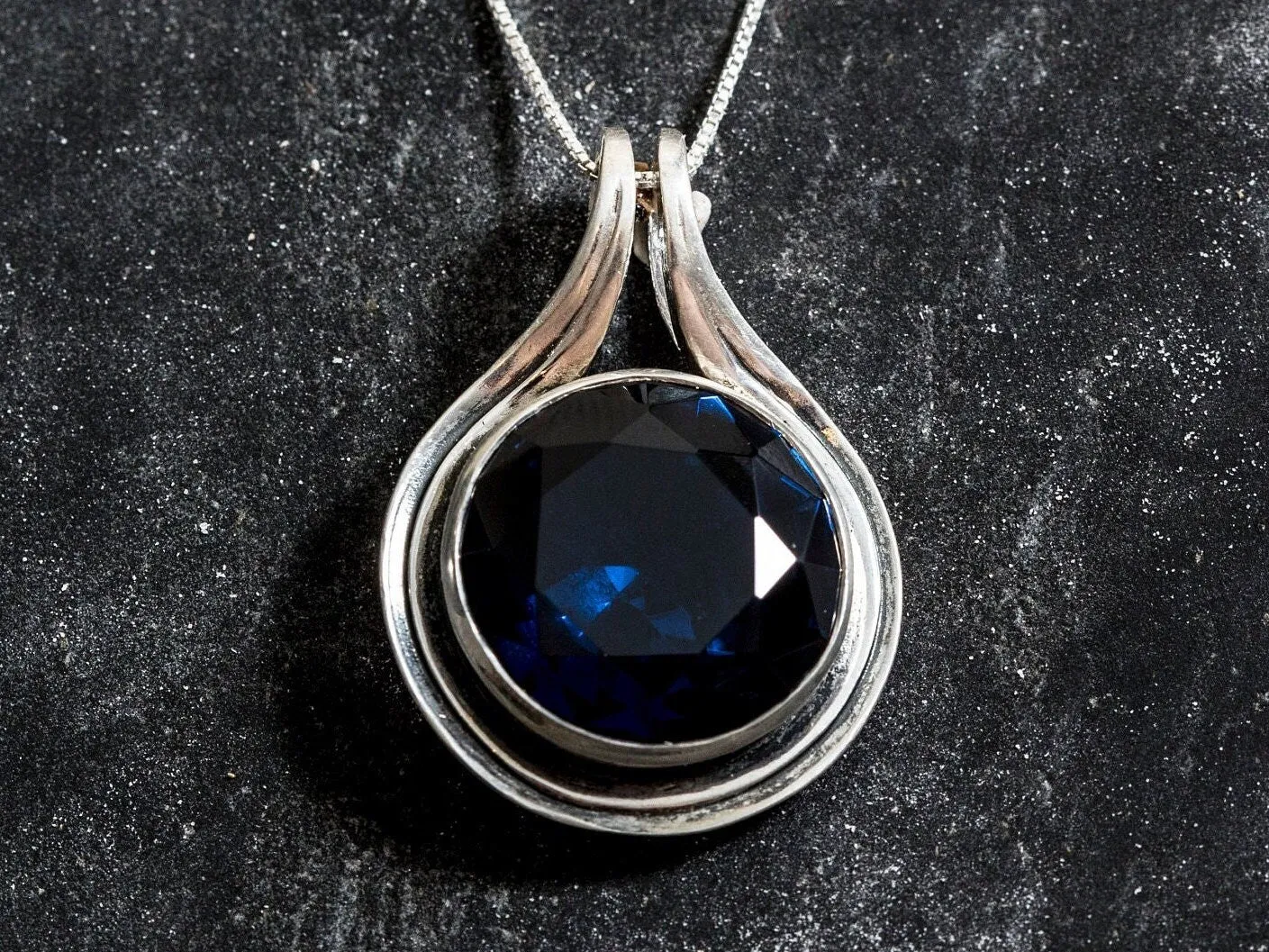 Large Sapphire Pendant - Round Vintage Necklace -  Sapphire Statement Necklace