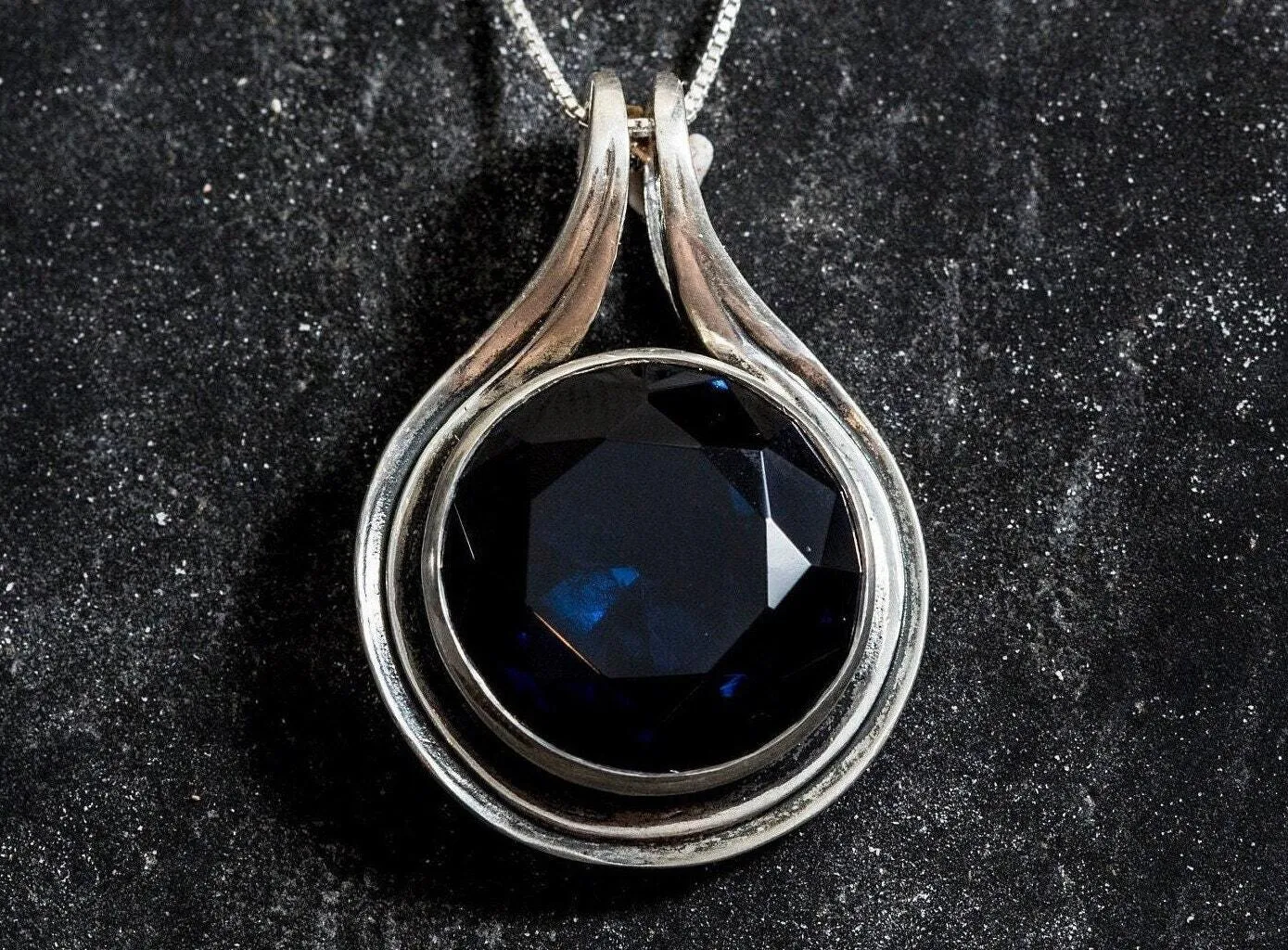 Large Sapphire Pendant - Round Vintage Necklace -  Sapphire Statement Necklace