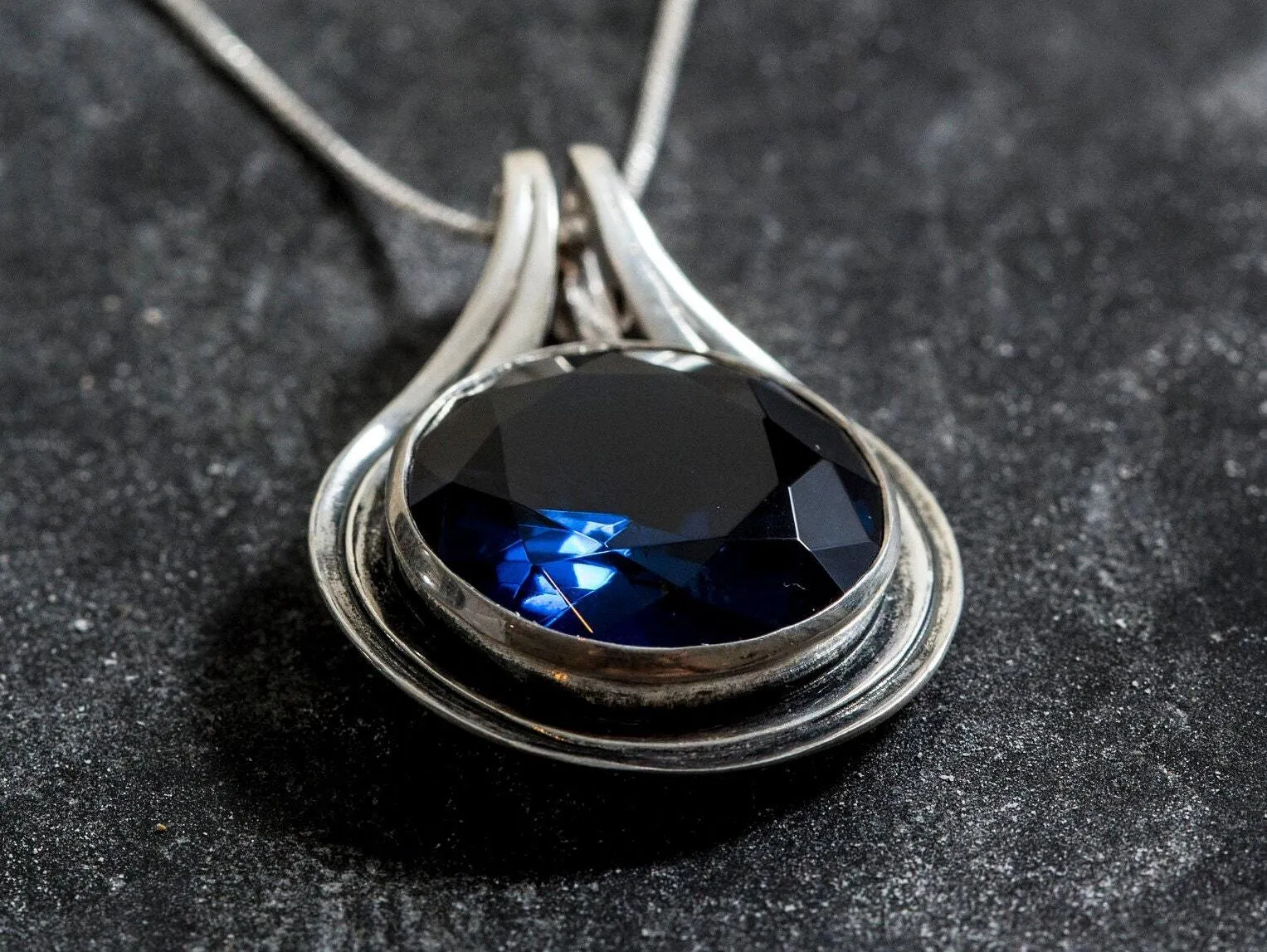 Large Sapphire Pendant - Round Vintage Necklace -  Sapphire Statement Necklace