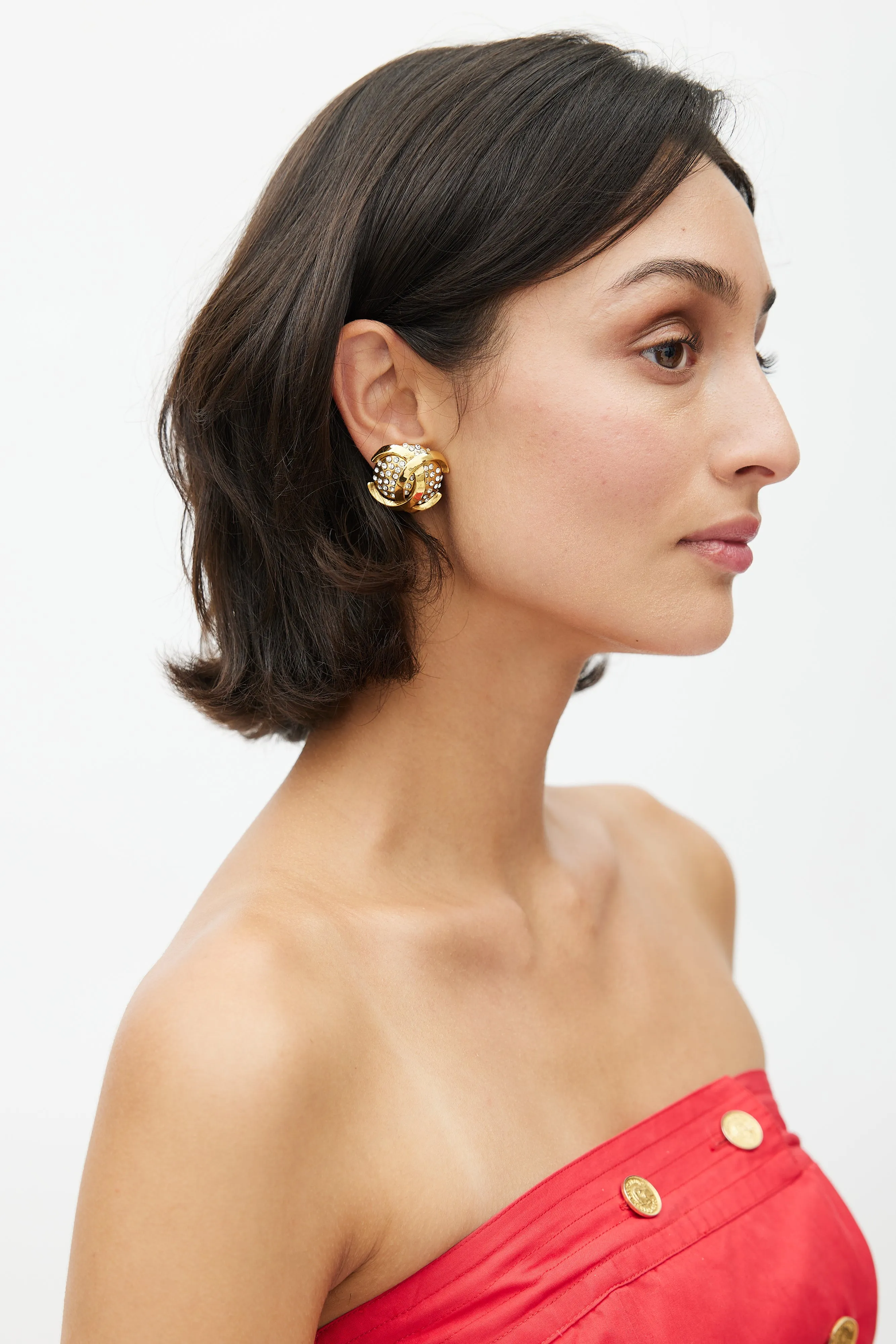 Late 1980s Gold CC & Rhinestone Clip On Earring