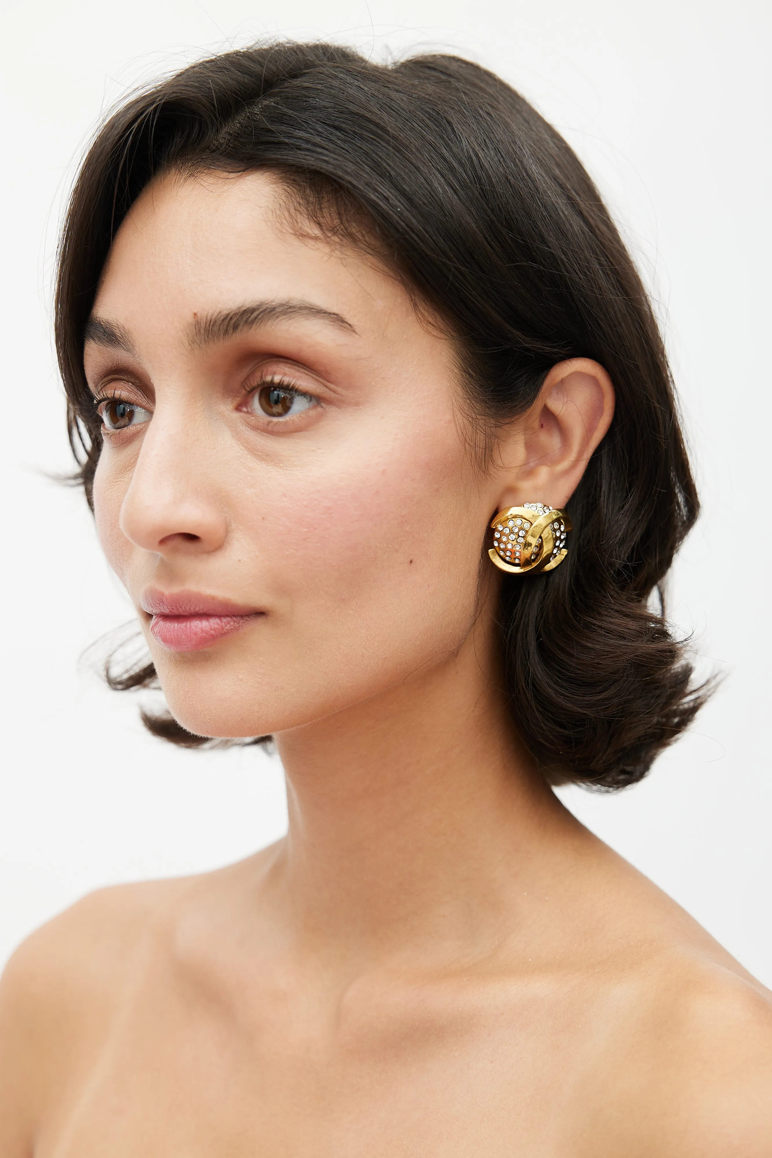 Late 1980s Gold CC & Rhinestone Clip On Earring