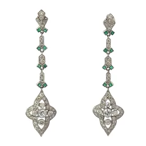 Late Art Deco 4.50cttw Round Brilliant Cut Diamonds   .80cttw Emeralds Dangle Earrings