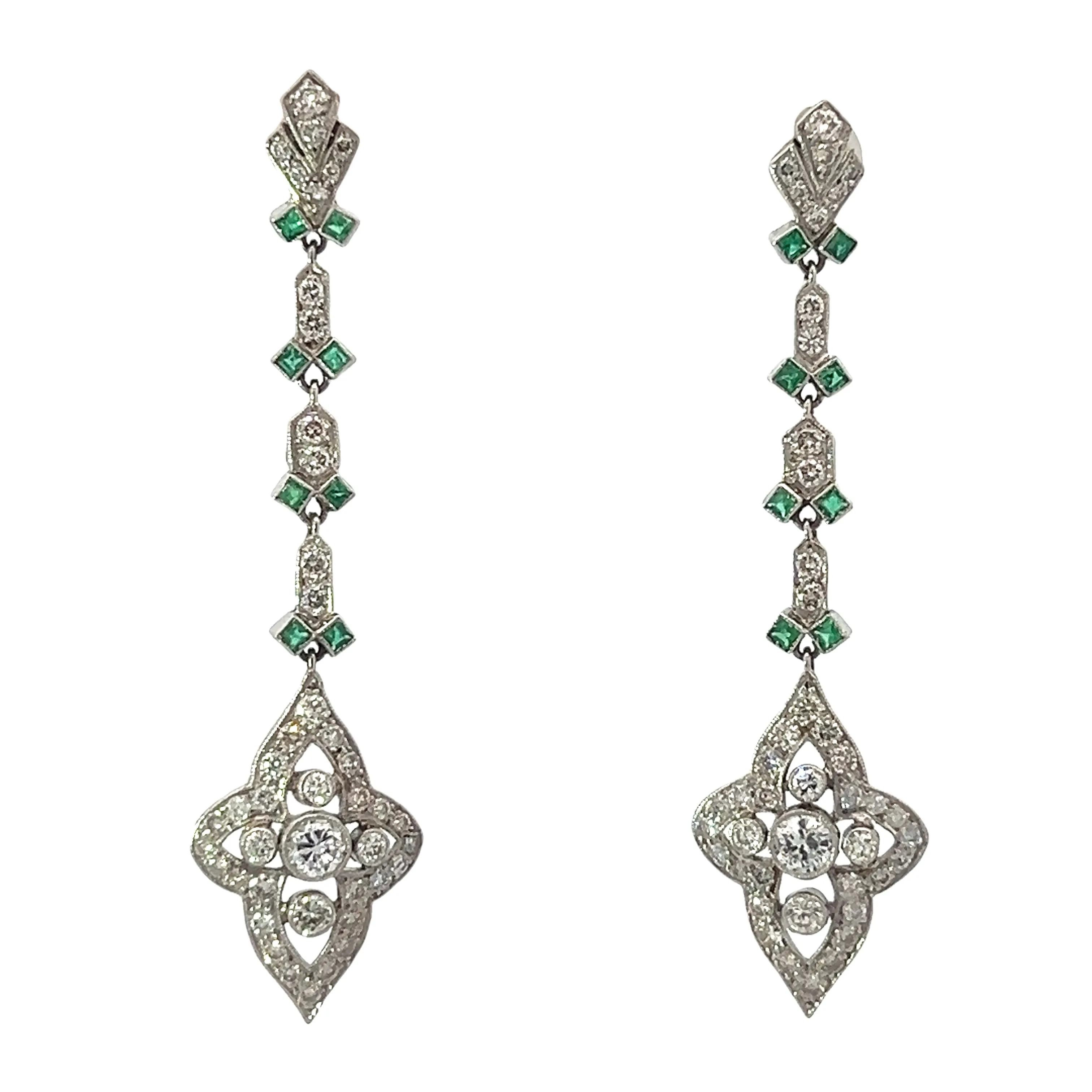Late Art Deco 4.50cttw Round Brilliant Cut Diamonds   .80cttw Emeralds Dangle Earrings
