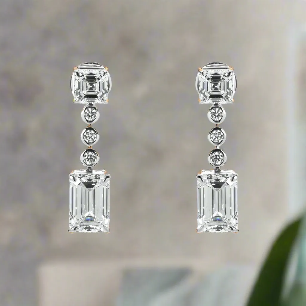 Launi 8 Carats Asscher & Emerald Cut Lab Grown Short Diamond Drop Earrings in 14K White Gold