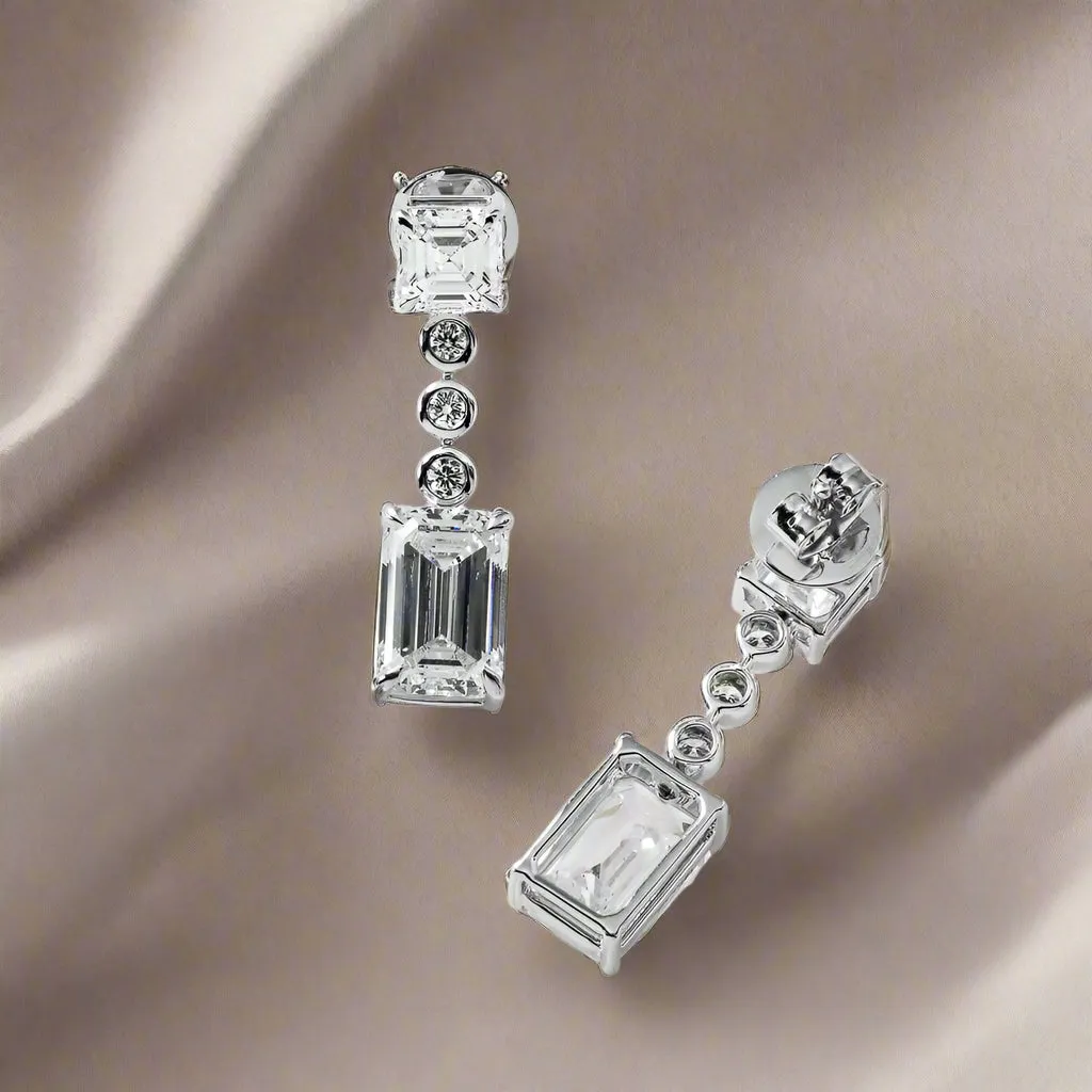 Launi 8 Carats Asscher & Emerald Cut Lab Grown Short Diamond Drop Earrings in 14K White Gold
