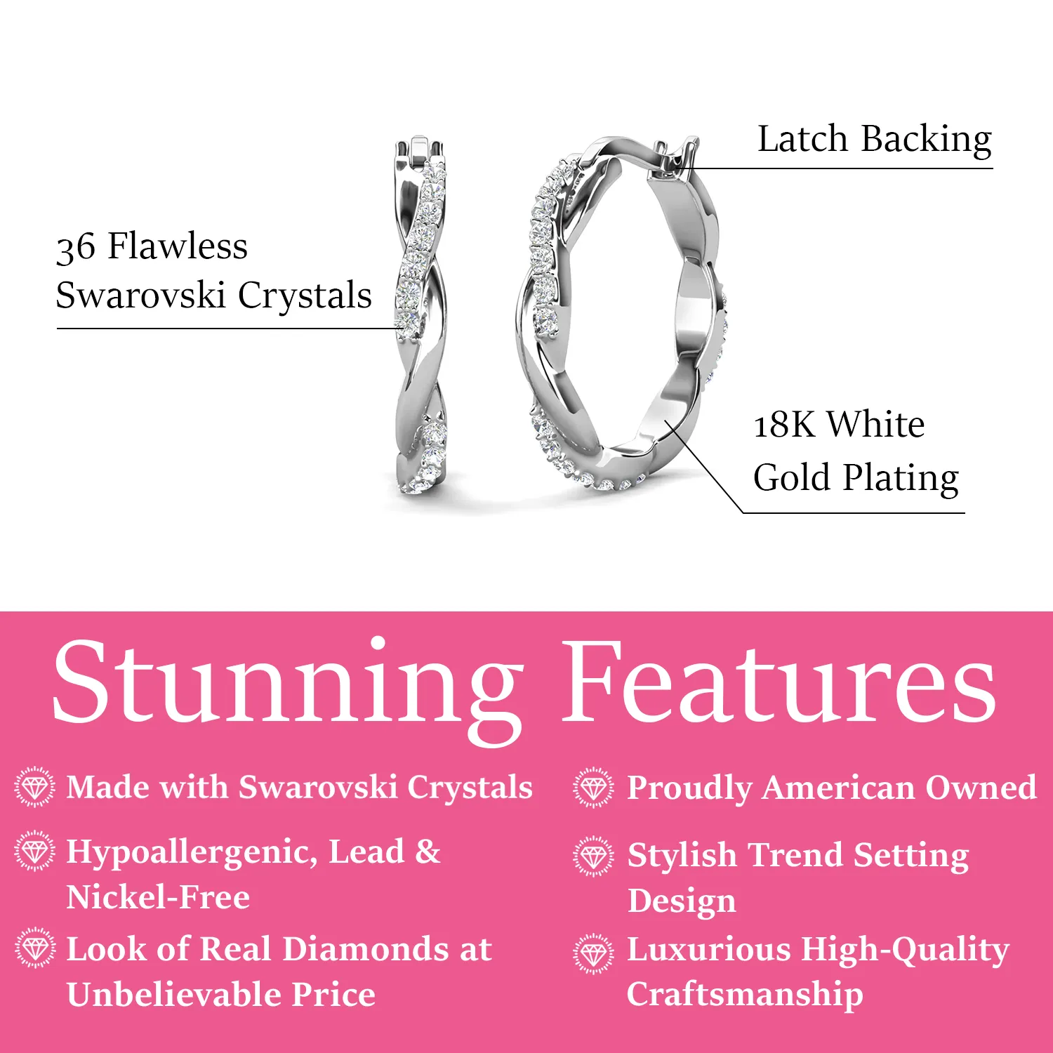 Lauren 18k White Gold Plated Hoop Earrings with Swarovski Crystals
