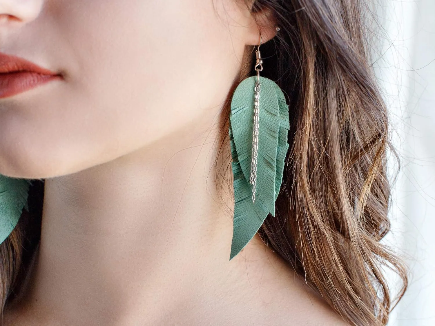 Light green Leather Feather Earrings, layered earrings, tribal Earrings, Boho earrings, dangle earrings, long earrings
