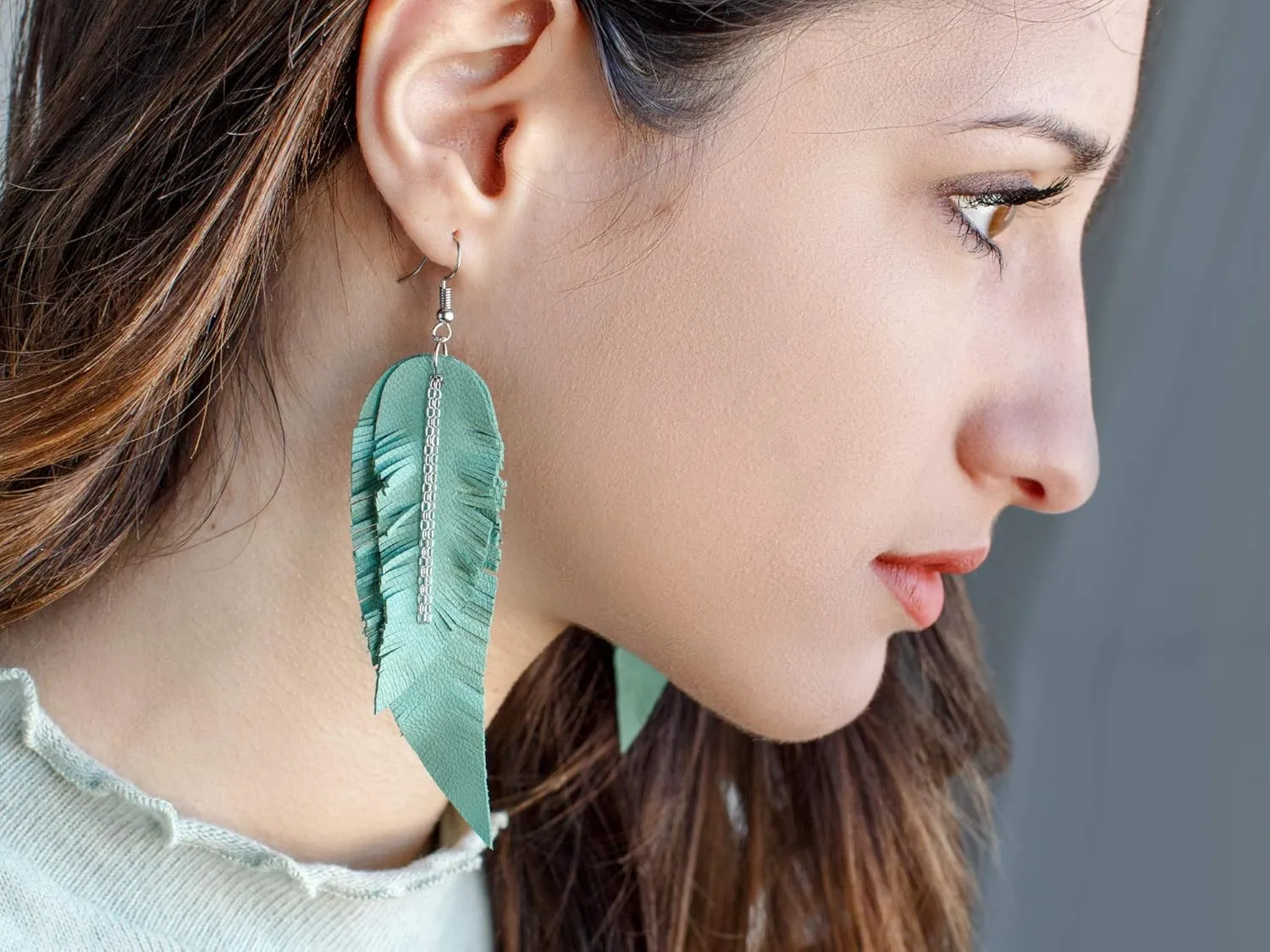 Light green Leather Feather Earrings, layered earrings, tribal Earrings, Boho earrings, dangle earrings, long earrings