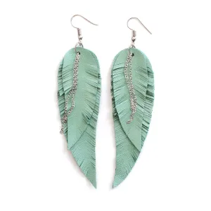 Light green Leather Feather Earrings, layered earrings, tribal Earrings, Boho earrings, dangle earrings, long earrings