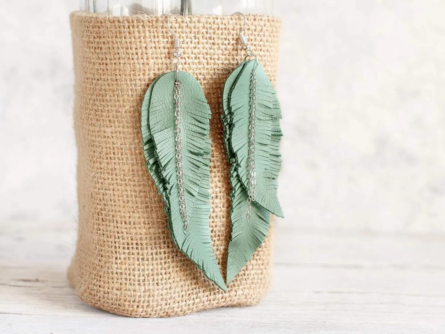 Light green Leather Feather Earrings, layered earrings, tribal Earrings, Boho earrings, dangle earrings, long earrings