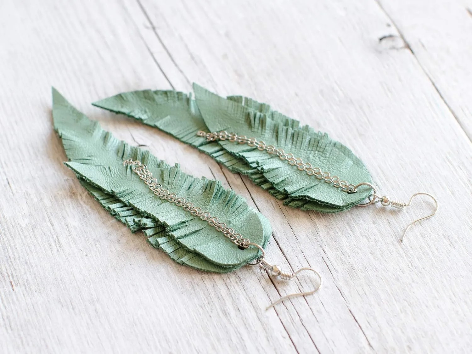 Light green Leather Feather Earrings, layered earrings, tribal Earrings, Boho earrings, dangle earrings, long earrings