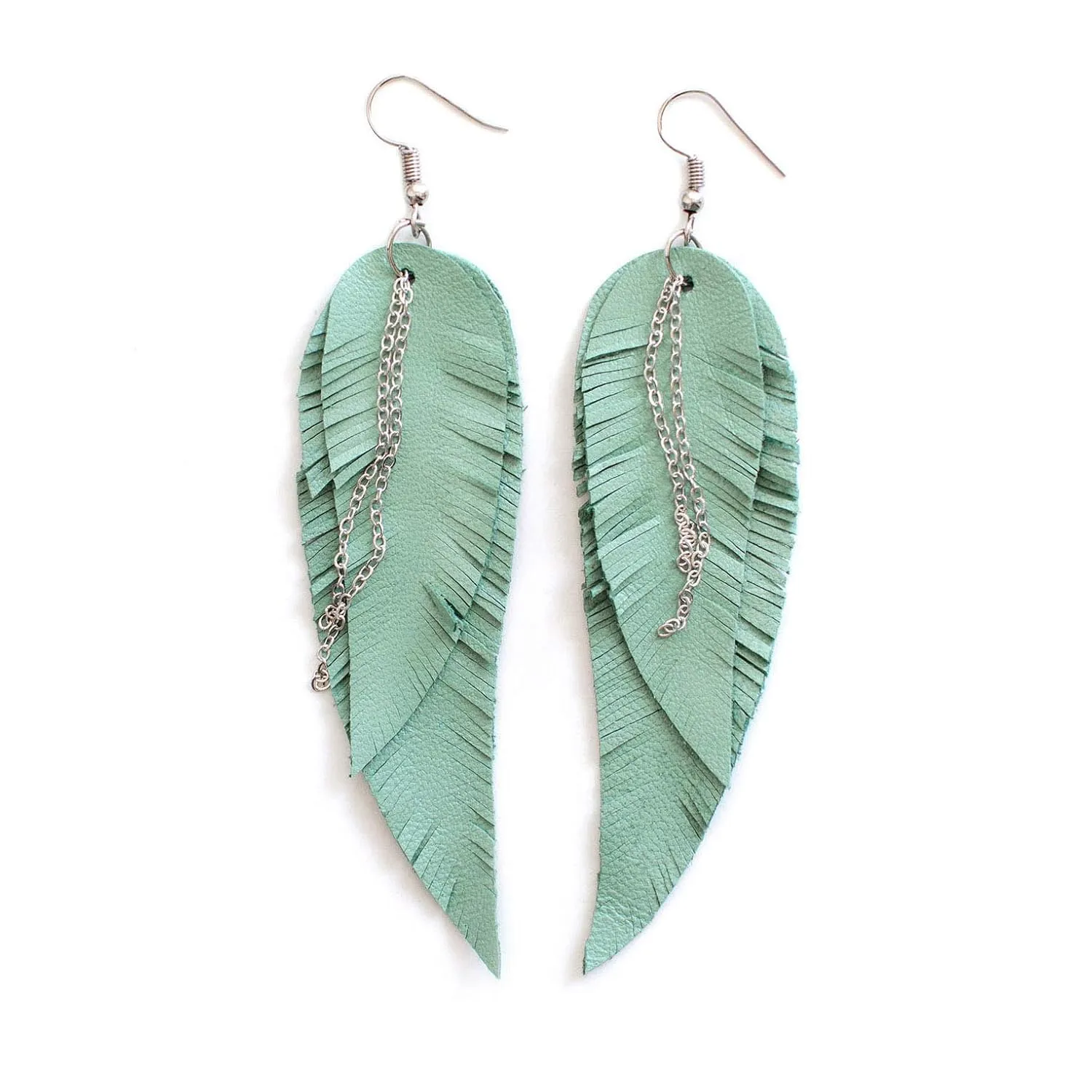 Light green Leather Feather Earrings, layered earrings, tribal Earrings, Boho earrings, dangle earrings, long earrings