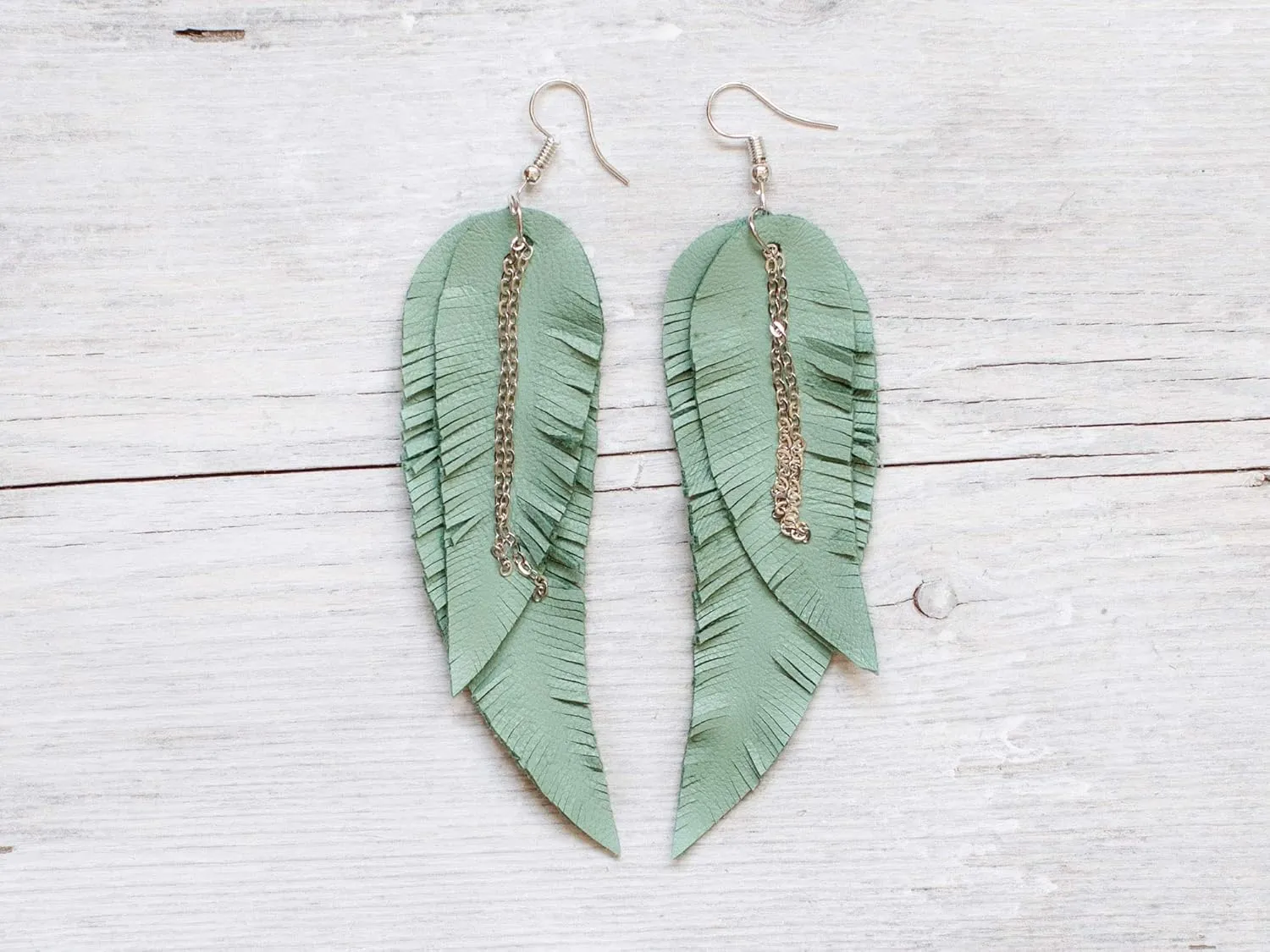 Light green Leather Feather Earrings, layered earrings, tribal Earrings, Boho earrings, dangle earrings, long earrings