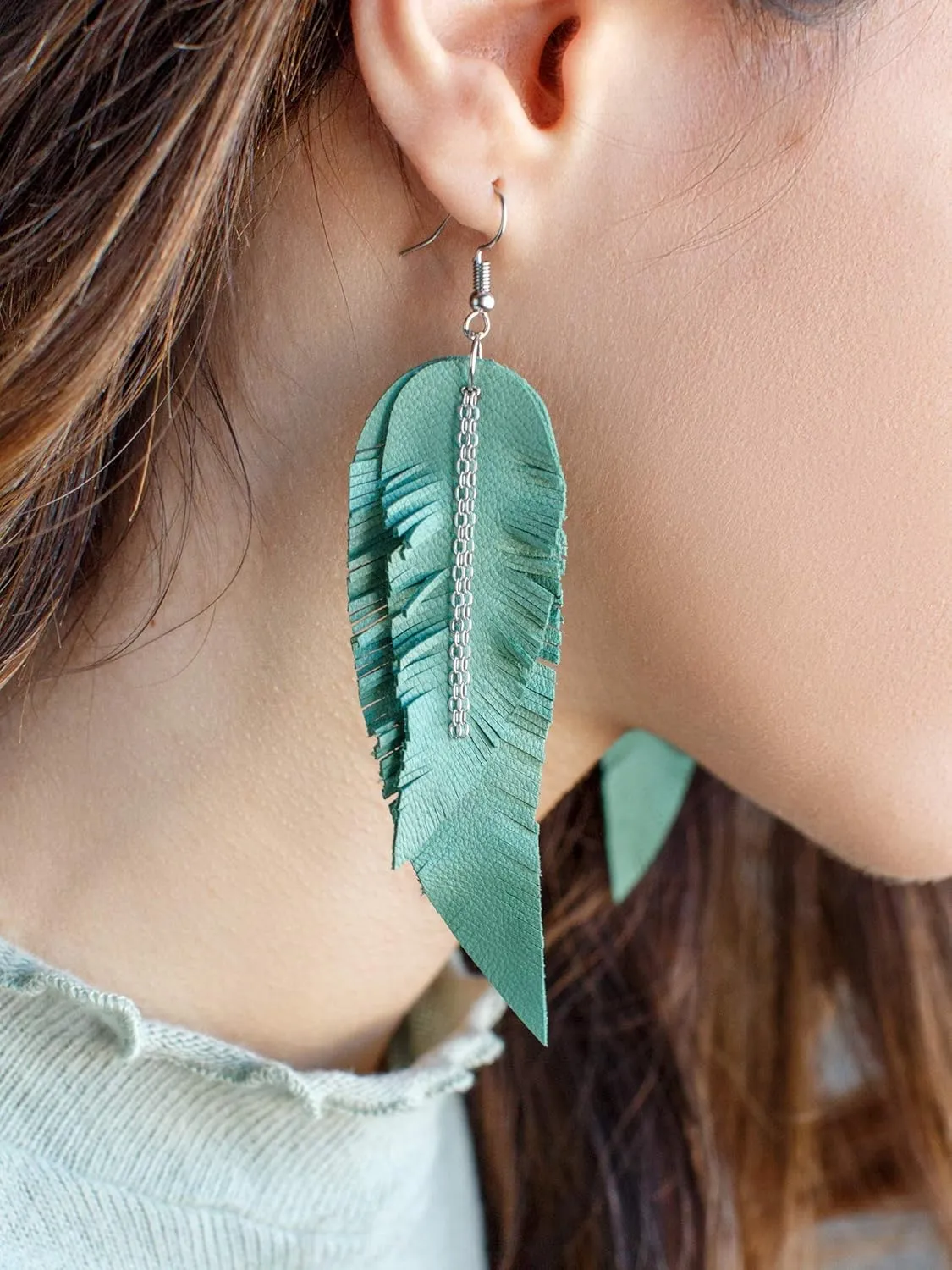Light green Leather Feather Earrings, layered earrings, tribal Earrings, Boho earrings, dangle earrings, long earrings